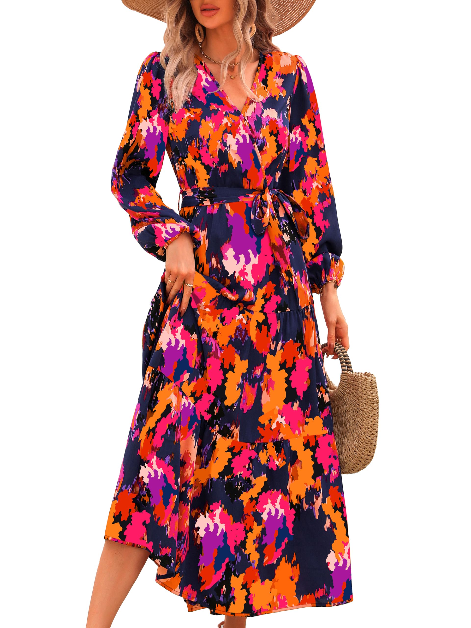 Foto 2 pulgar | Vestido Largo Prettygarden Para Mujer, Estampado Floral, Chifón, Azul Y Naranja - Venta Internacional.