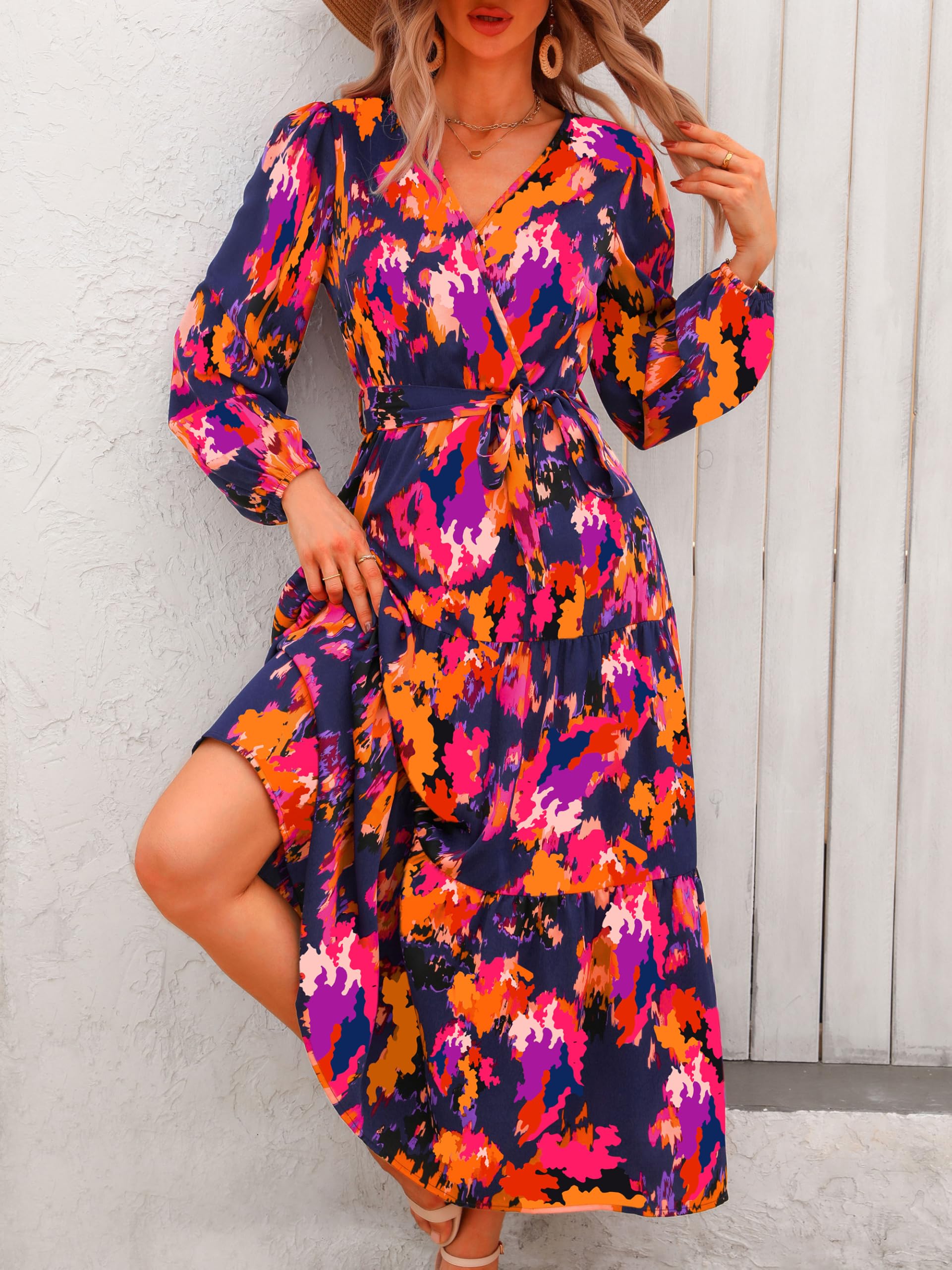Foto 3 pulgar | Vestido Largo Prettygarden Para Mujer, Estampado Floral, Chifón, Azul Y Naranja - Venta Internacional.