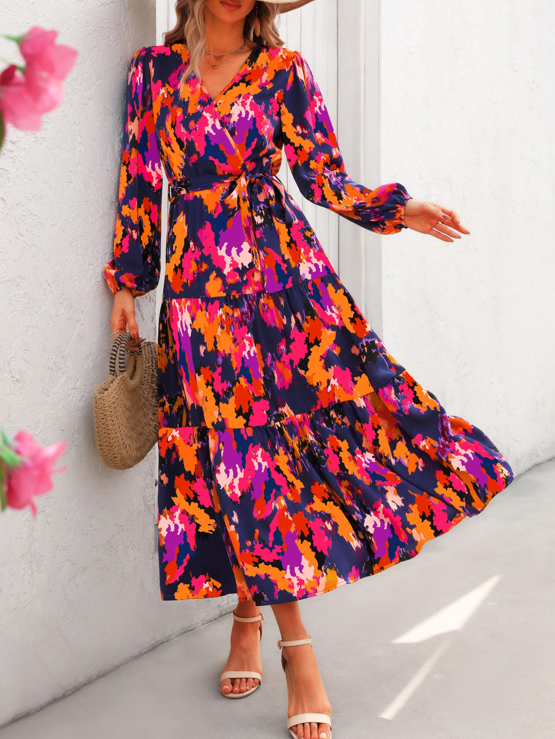 Foto 4 pulgar | Vestido Largo Prettygarden Para Mujer, Estampado Floral, Chifón, Azul Y Naranja - Venta Internacional.