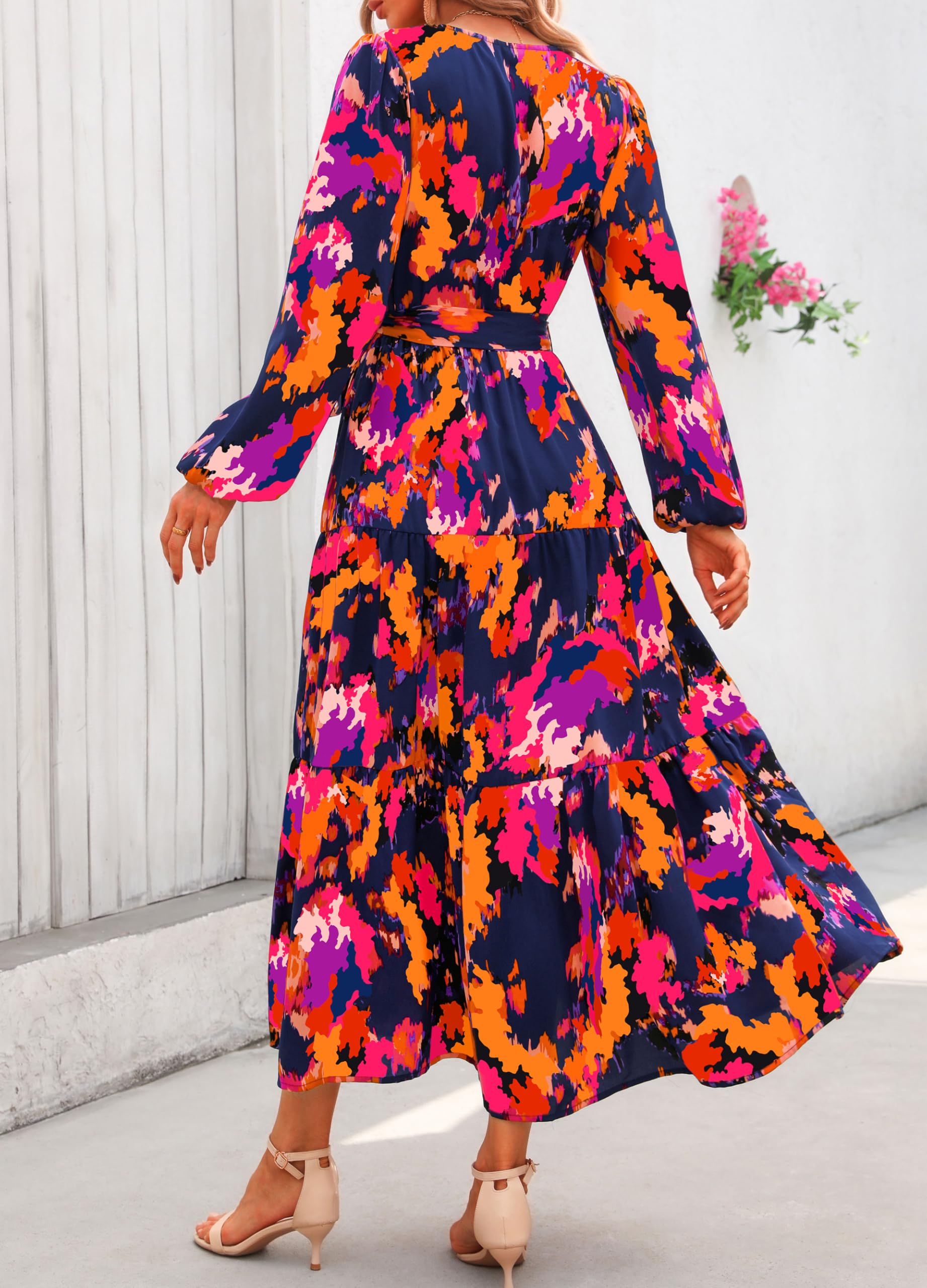 Foto 5 pulgar | Vestido Largo Prettygarden Para Mujer, Estampado Floral, Chifón, Azul Y Naranja - Venta Internacional.
