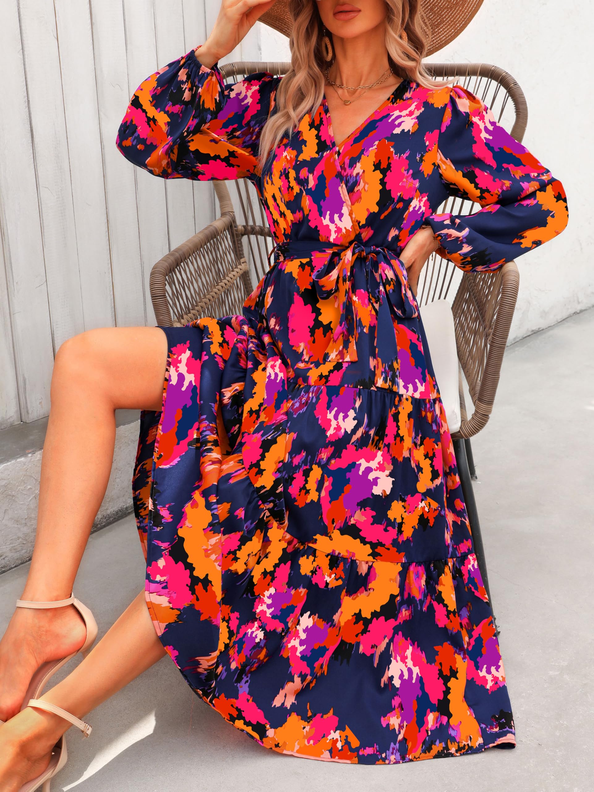 Foto 6 pulgar | Vestido Largo Prettygarden Para Mujer, Estampado Floral, Chifón, Azul Y Naranja - Venta Internacional.
