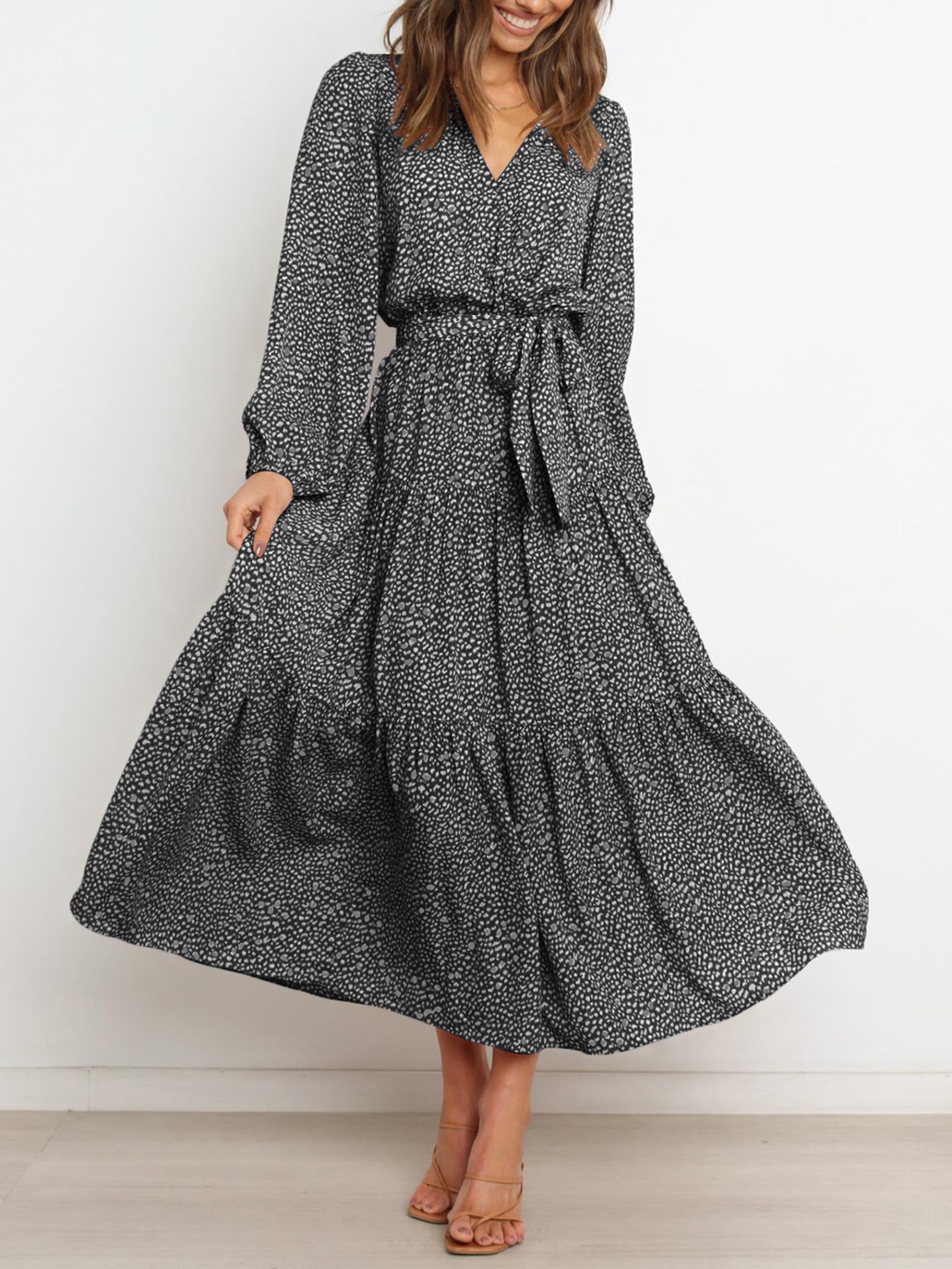 Foto 2 | Vestido Largo Prettygarden 2024 De Chifón Negro Con Estampado Floral Para Mujer - Venta Internacional.