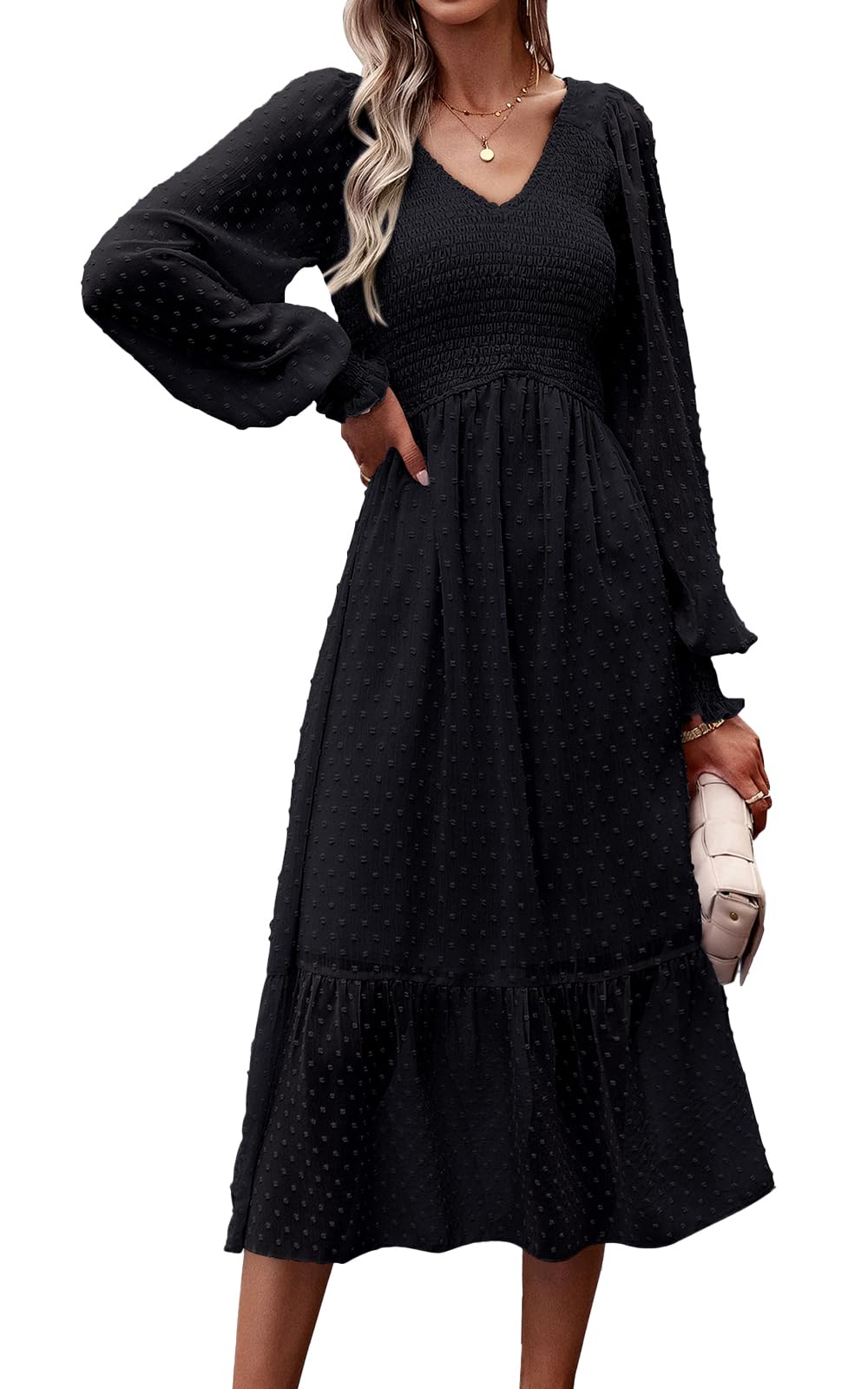 Vestido Prettygarden Con Cuello En V Fruncido Y Manga Larga Con Puntos Suizos 2024 - Venta Internacional.