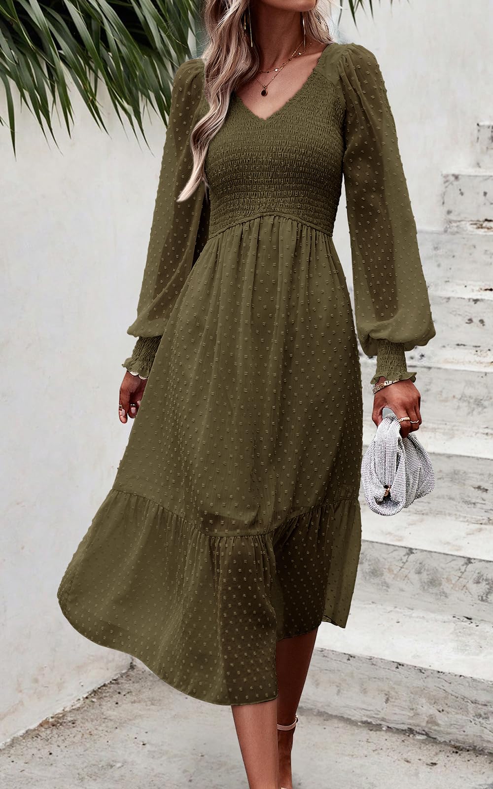 Foto 4 pulgar | Vestido Midi Prettygarden Con Cuello En V Fruncido Y Volantes Con Lunares Suizos - Venta Internacional.