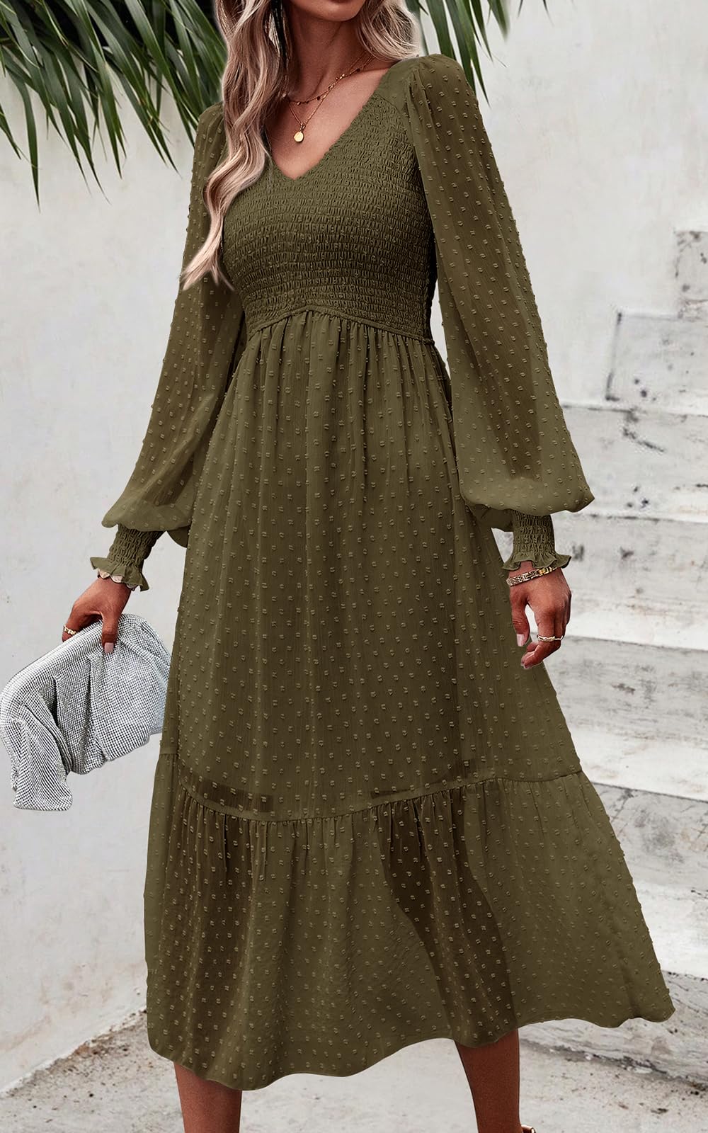 Foto 7 pulgar | Vestido Midi Prettygarden Con Cuello En V Fruncido Y Volantes Con Lunares Suizos - Venta Internacional.