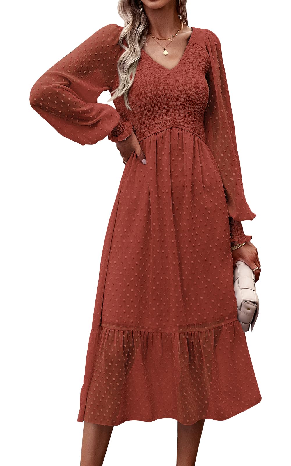 Vestido A Media Pierna Prettygarden Con Cuello En V Fruncido Y Volantes Con Lunares Suizos - Venta Internacional.