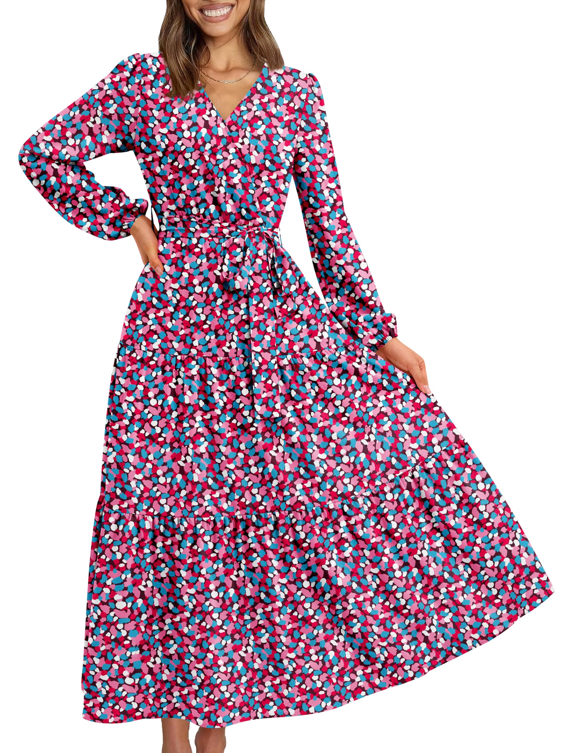 Foto 2 pulgar | Vestido Largo Prettygarden Con Estampado Floral De Manga Larga Para Mujer, Color Morado - Venta Internacional.