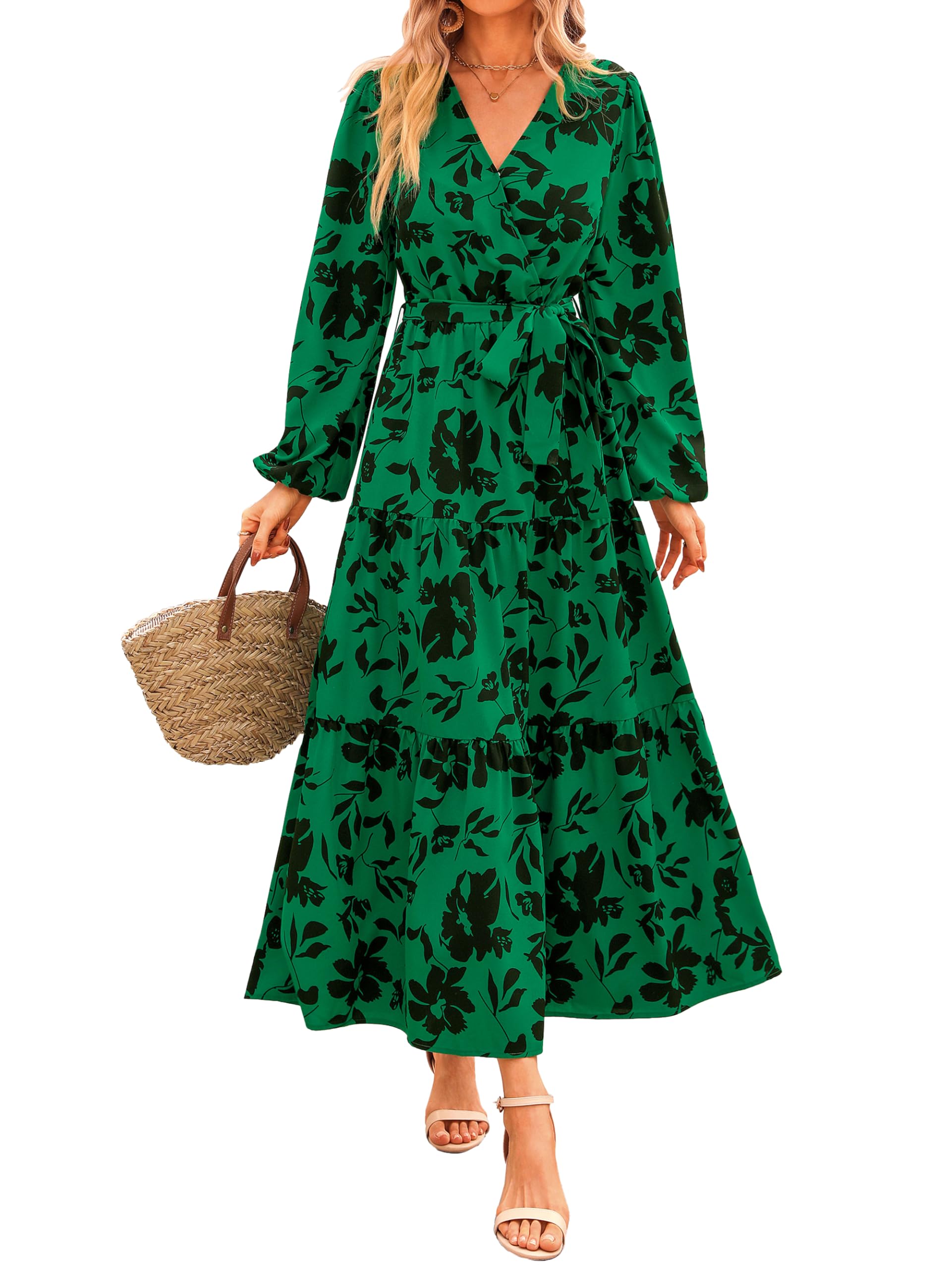 Foto 2 pulgar | Vestido Largo Prettygarden Para Mujer, Manga Larga, Estampado Floral Verde - Venta Internacional.