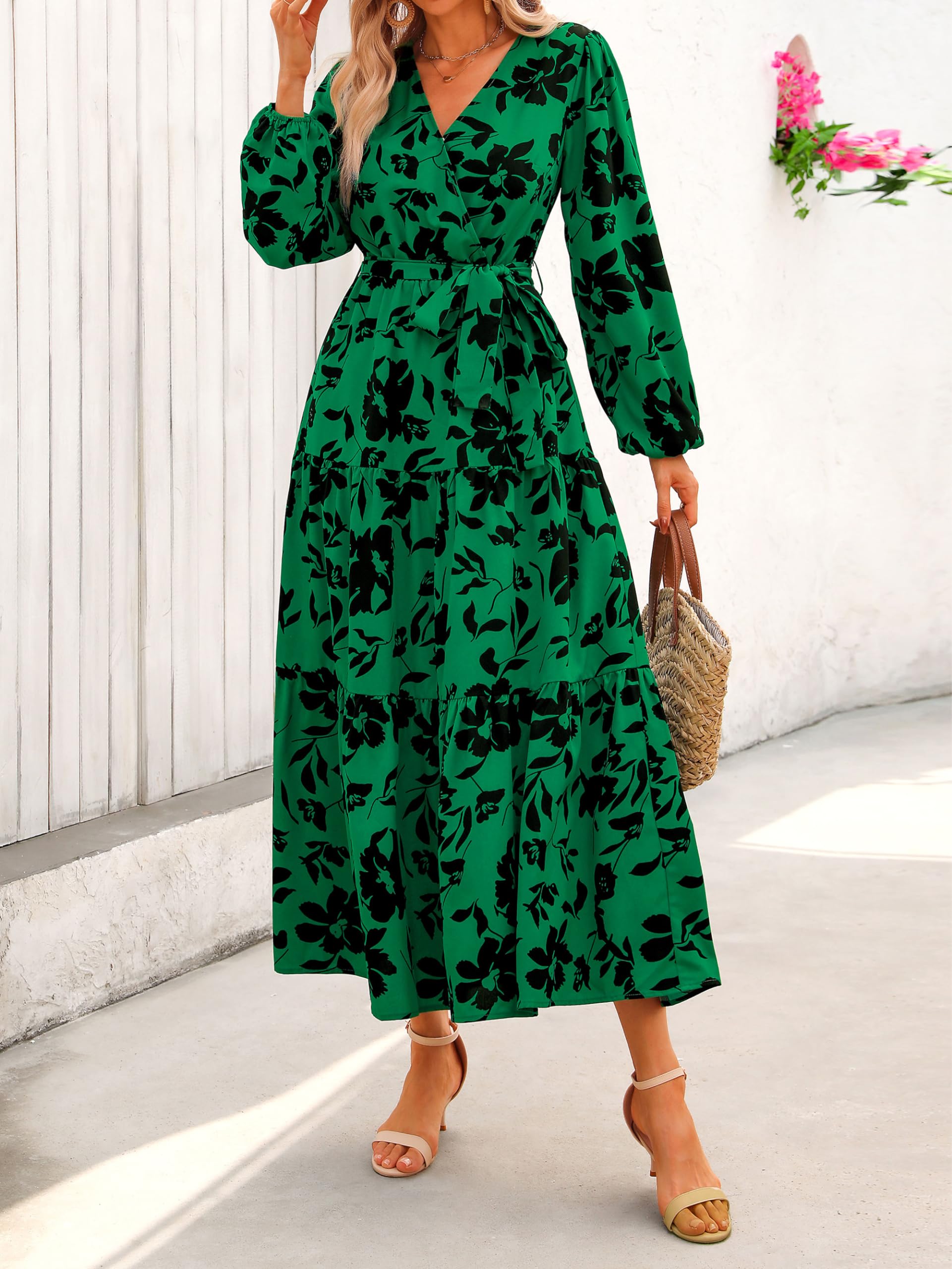 Foto 3 pulgar | Vestido Largo Prettygarden Para Mujer, Manga Larga, Estampado Floral Verde - Venta Internacional.