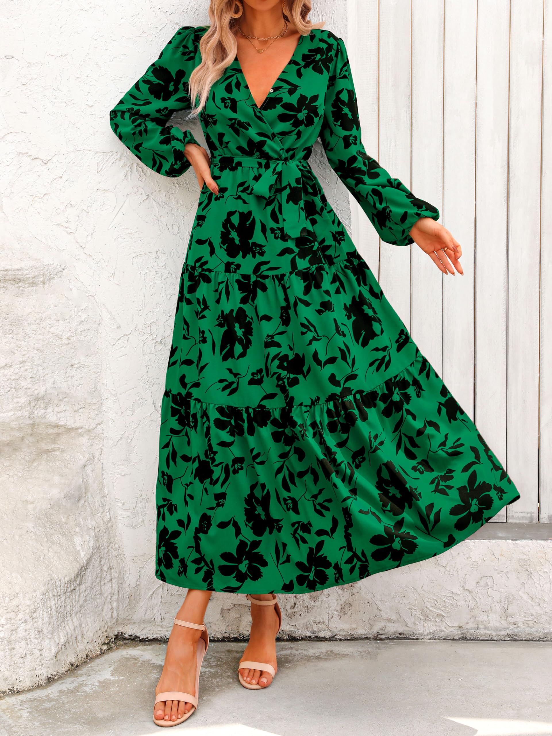 Foto 4 pulgar | Vestido Largo Prettygarden Para Mujer, Manga Larga, Estampado Floral Verde - Venta Internacional.