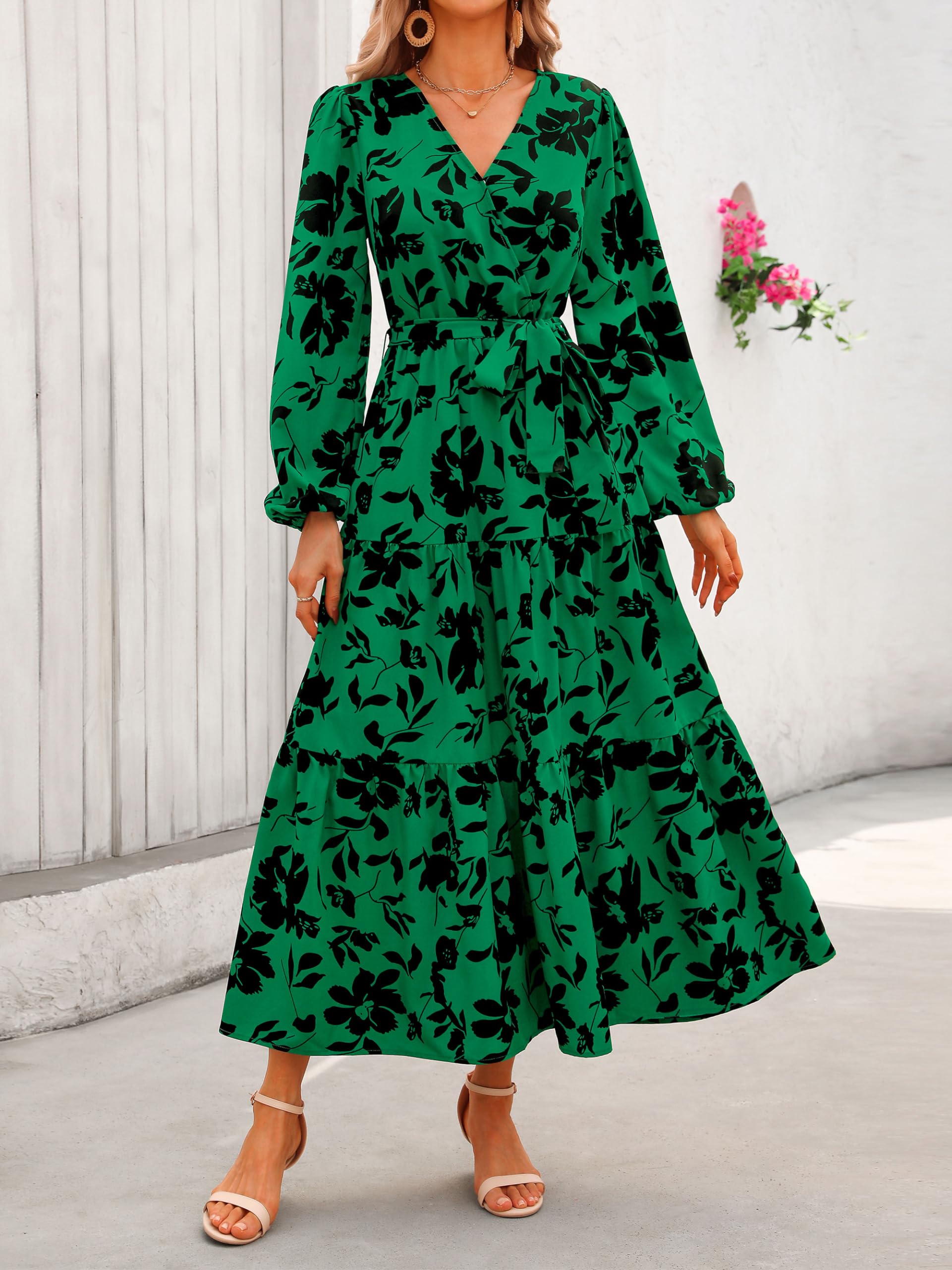 Foto 5 pulgar | Vestido Largo Prettygarden Para Mujer, Manga Larga, Estampado Floral Verde - Venta Internacional.