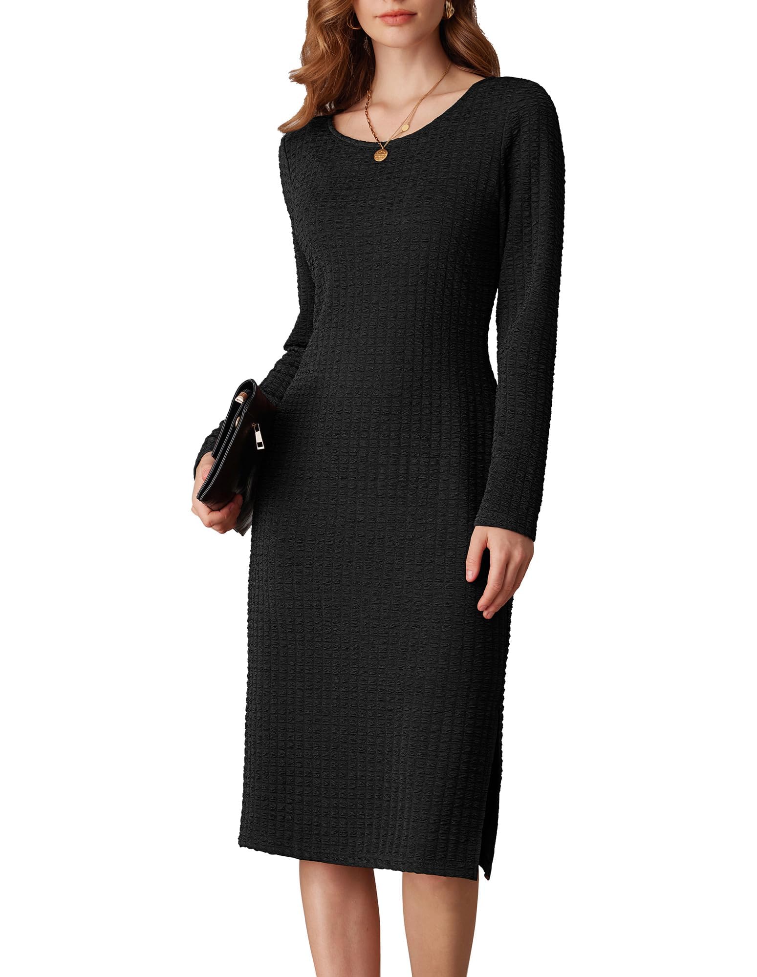 Foto 2 pulgar | Vestido Manga Larga de Punto Gofrado Negro para Mujer - Venta Internacional