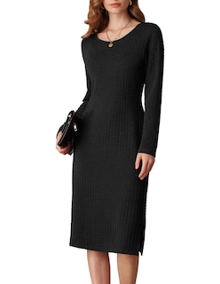 Foto 1 | Vestido Manga Larga de Punto Gofrado Negro para Mujer - Venta Internacional