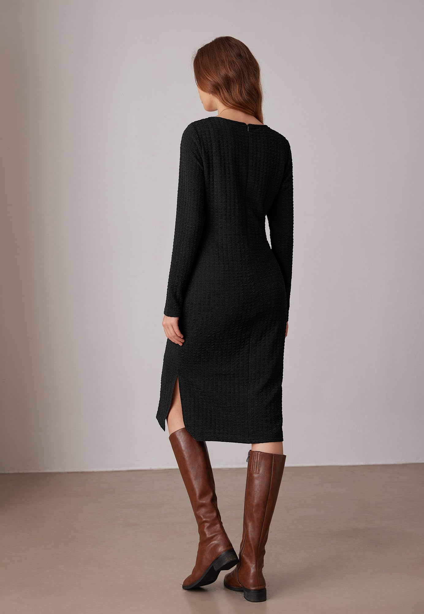 Foto 4 pulgar | Vestido Manga Larga de Punto Gofrado Negro para Mujer - Venta Internacional