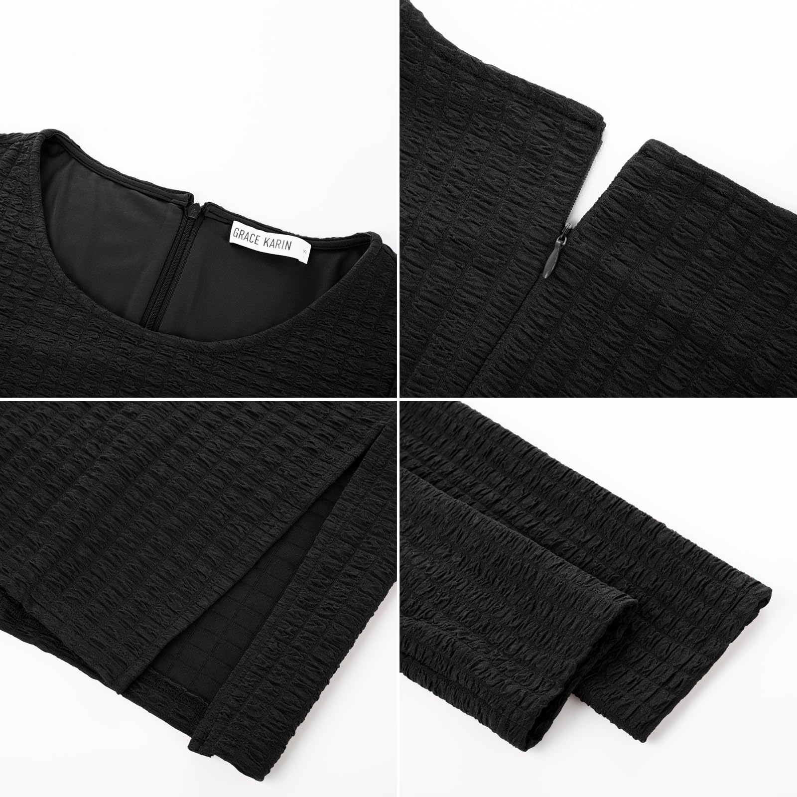 Foto 6 pulgar | Vestido Manga Larga de Punto Gofrado Negro para Mujer - Venta Internacional
