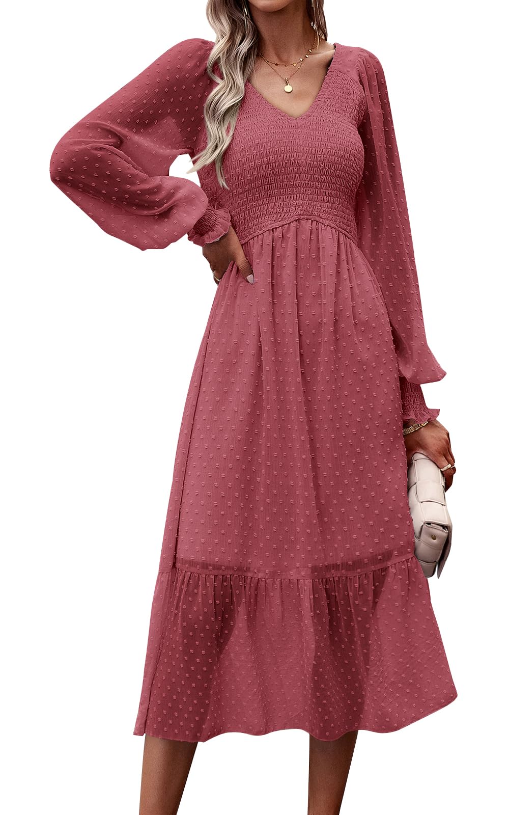 Vestido Prettygarden A Media Pierna Con Cuello En V Y Manga Larga Para Mujer - Venta Internacional.