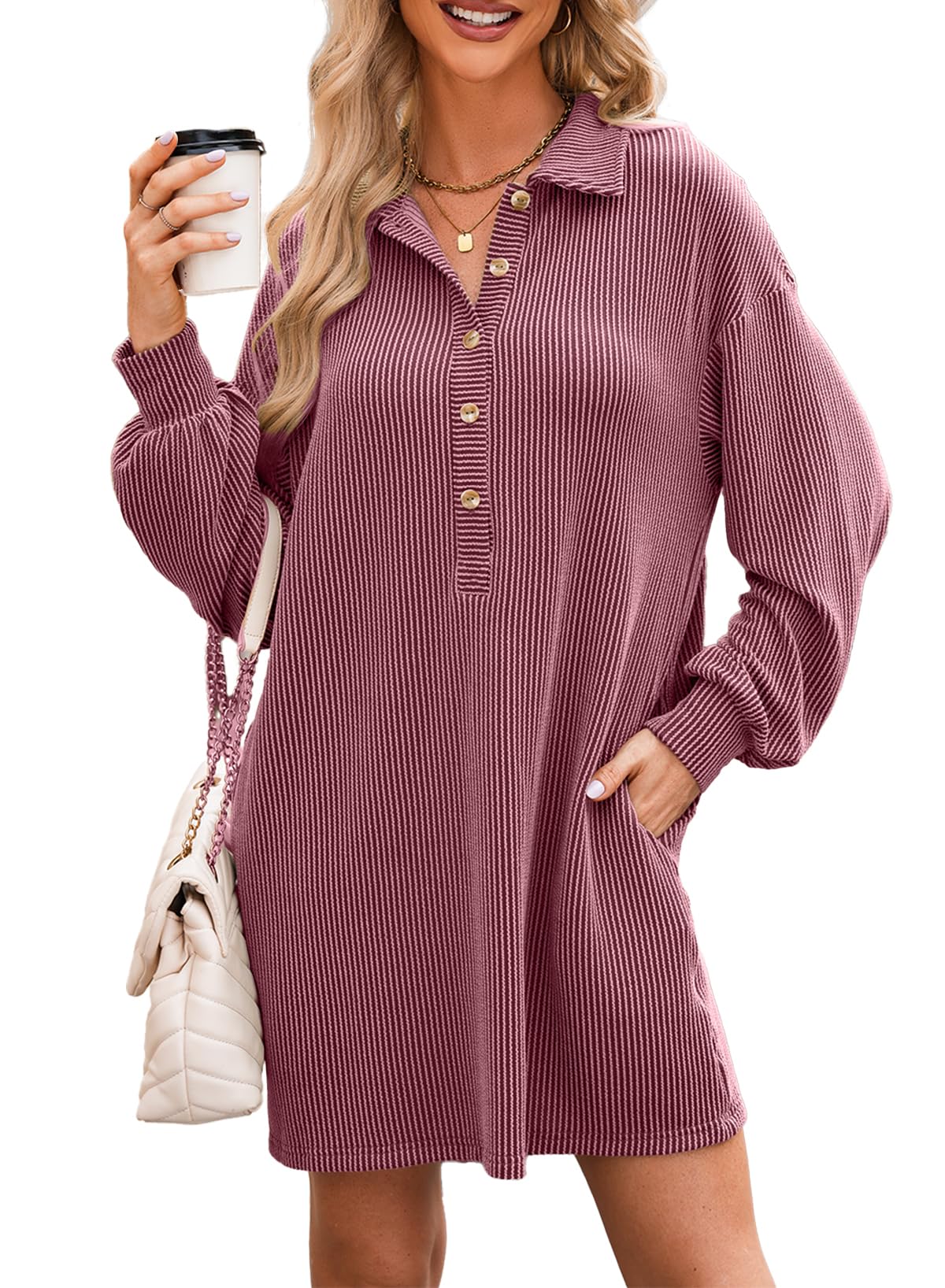 Foto 2 pulgar | Vestido Alvaq Para Otoño De 2024, Manga Larga, Cuello En V, Con Botones, Rojo, Mujer - Venta Internacional.