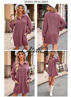 Foto 4 | Vestido Alvaq Para Otoño De 2024, Manga Larga, Cuello En V, Con Botones, Rojo, Mujer - Venta Internacional.