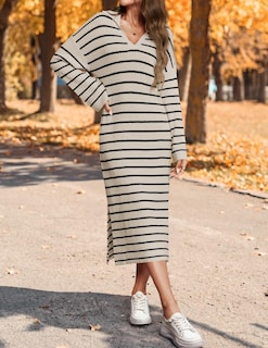 Foto 2 | Vestido Tipo Suéter Zesica Para Mujer, A Rayas De Otoño, 2024, Cuello En V - Venta Internacional.
