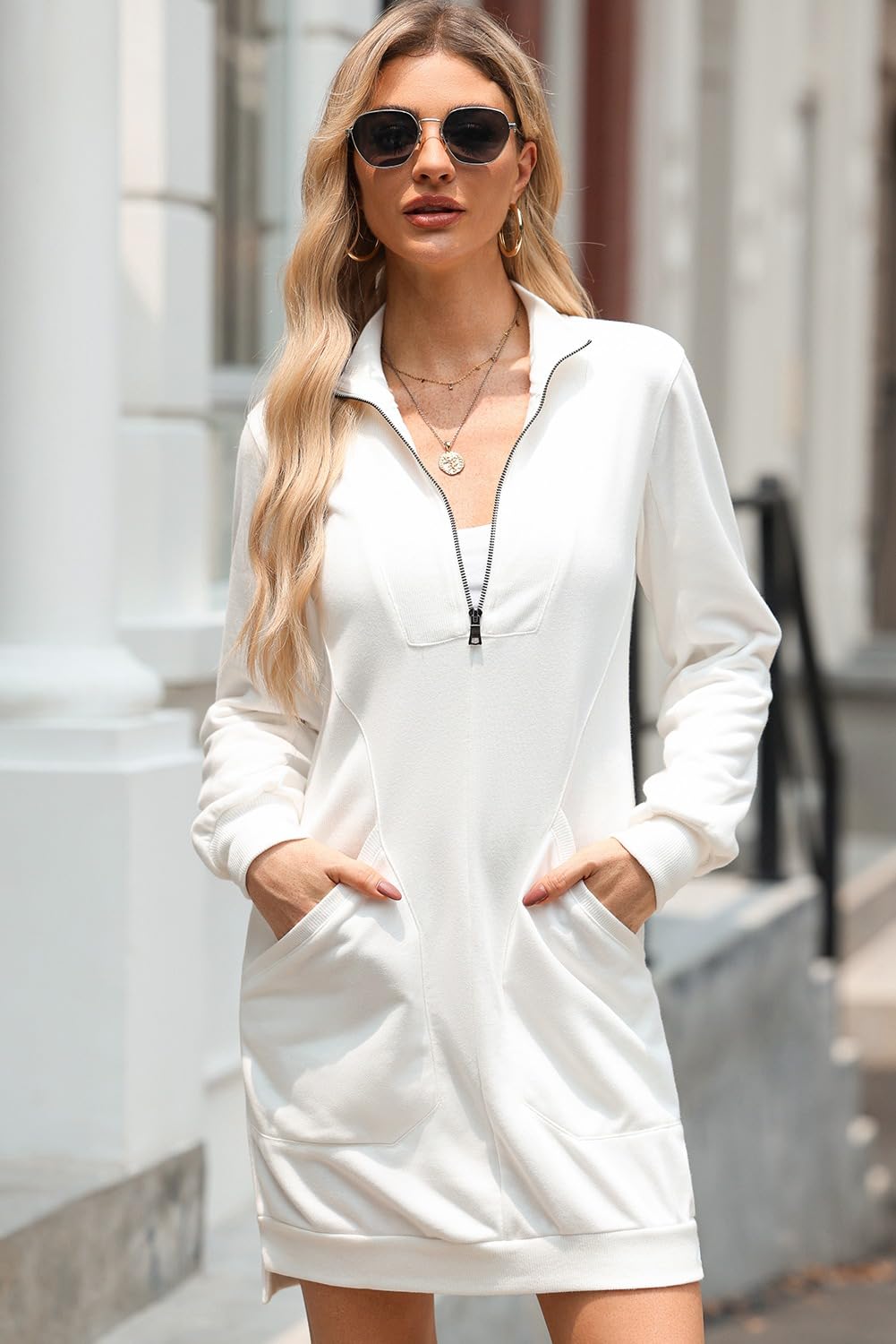 Foto 2 | Vestido Tipo Sudadera Alvaq Otoño 2024 Con Cuello En V Y Manga Larga, Blanco - Venta Internacional.