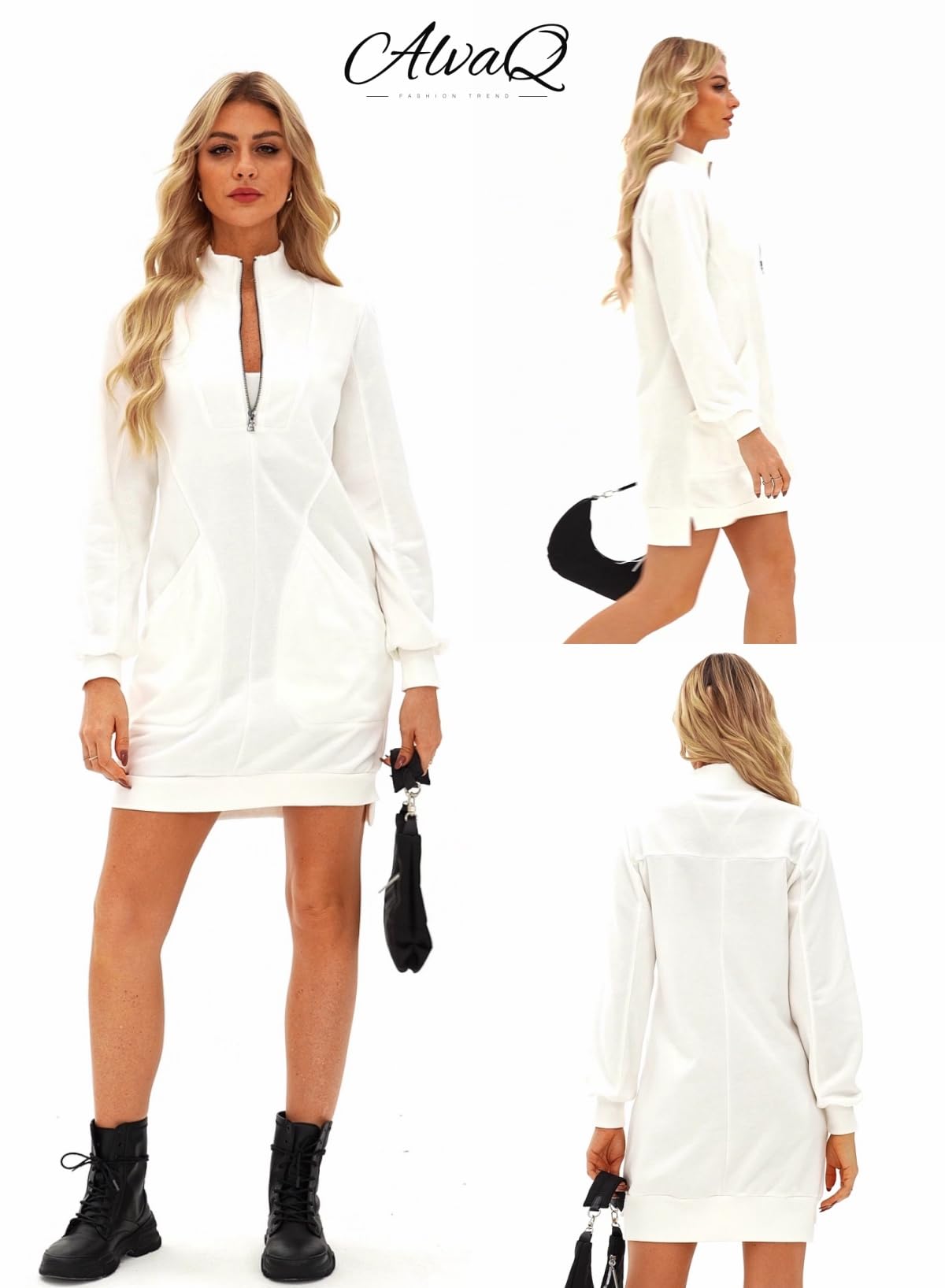 Foto 6 pulgar | Vestido Tipo Sudadera Alvaq Otoño 2024 Con Cuello En V Y Manga Larga, Blanco - Venta Internacional.