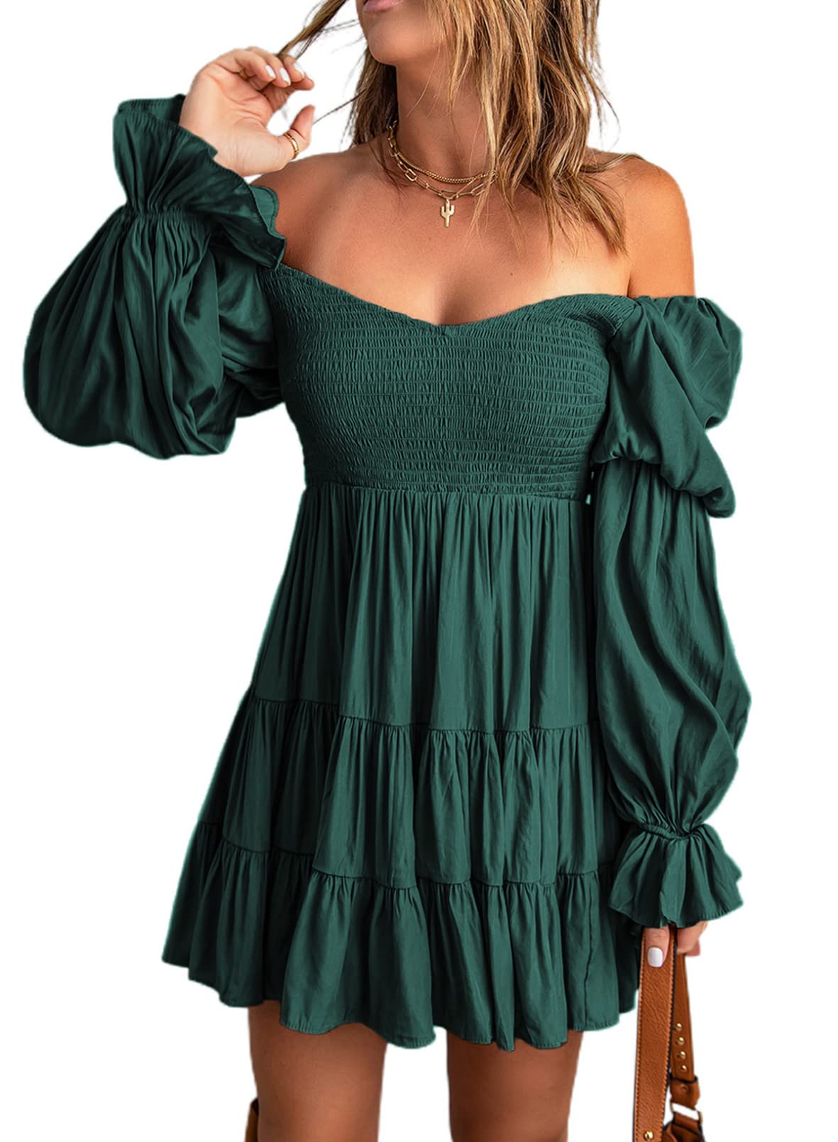 Foto 2 pulgar | Vestido Dokotoo Para Mujer Con Hombros Descubiertos, Cuello En V, Manga Larga, Verde - Venta Internacional.