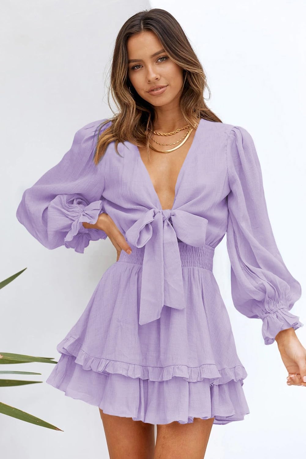 Foto 4 pulgar | Vestido Alvaq De Talla Grande Para Mujer, Manga Larga, Cuello En V, Volantes - Venta Internacional.
