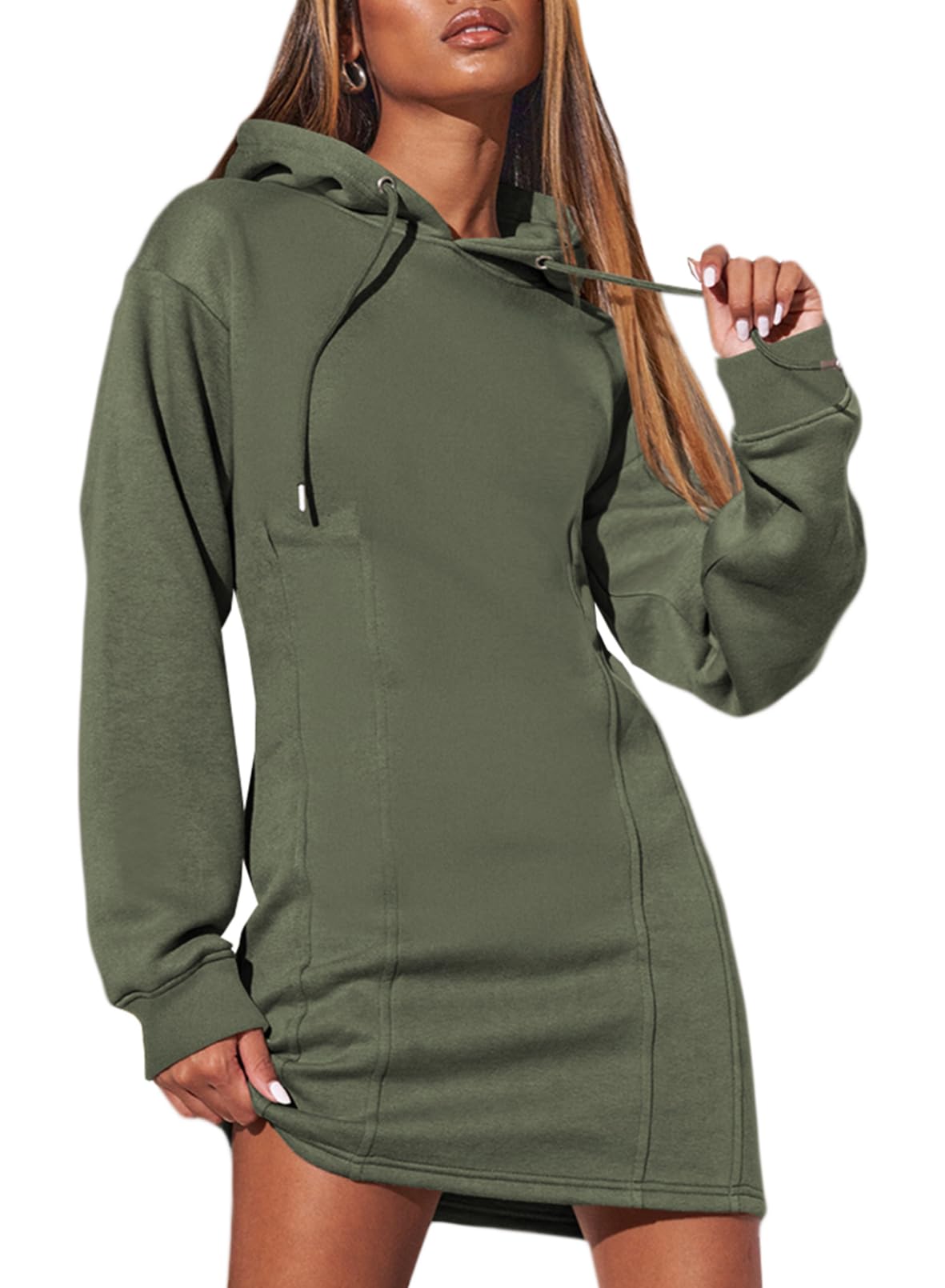 Foto 2 pulgar | Vestido Tipo Sudadera Con Capucha Alvaq Otoño 2024 Para Mujer Verde Militar - Venta Internacional.