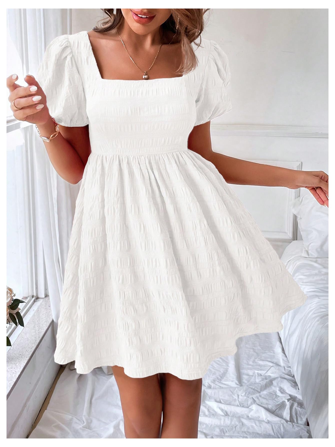 Foto 4 pulgar | Vestido Soly Hux De Verano Con Cuello Cuadrado Y Manga Abullonada Para Mujer - Venta Internacional.