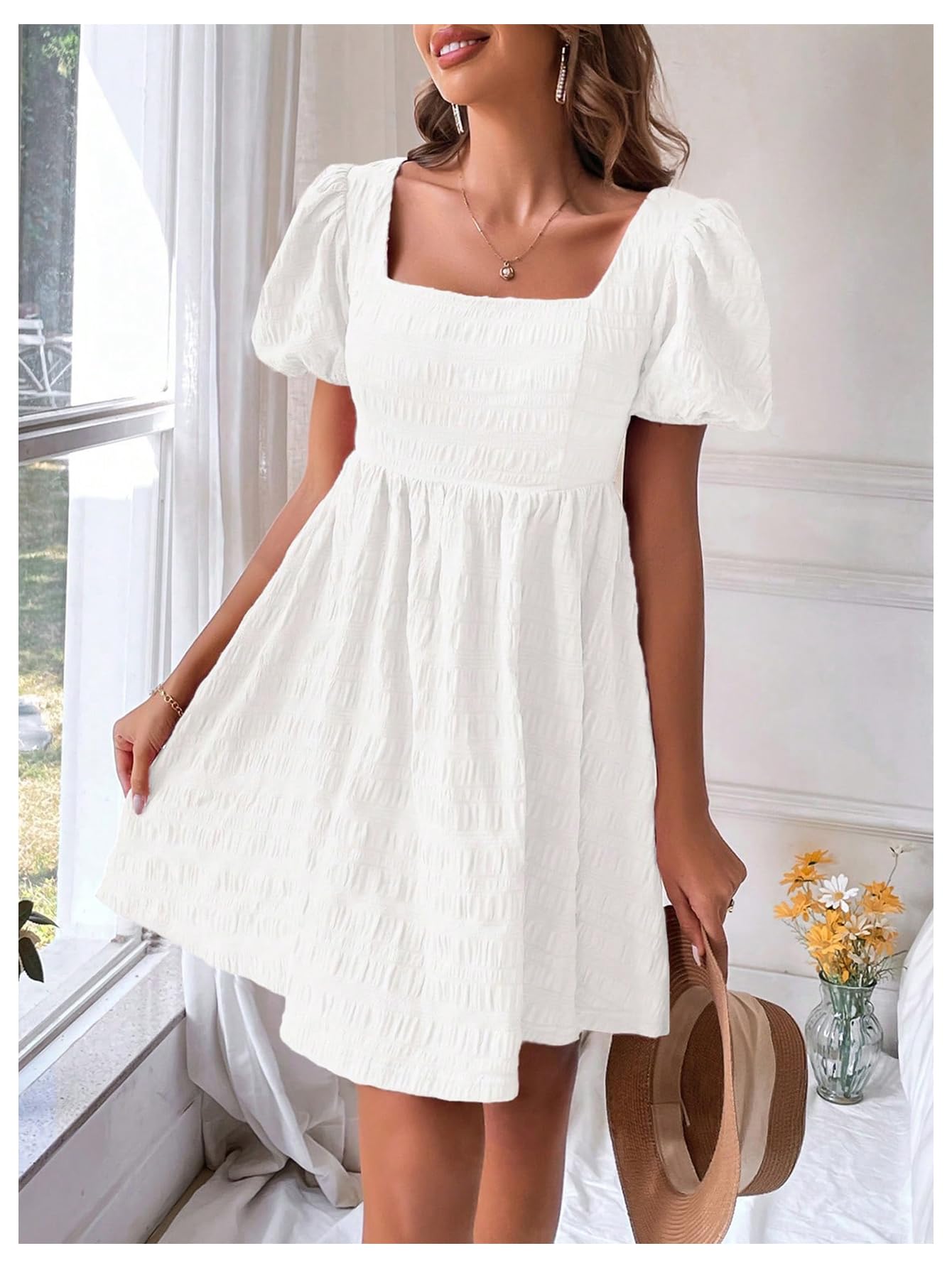 Foto 6 pulgar | Vestido Soly Hux De Verano Con Cuello Cuadrado Y Manga Abullonada Para Mujer - Venta Internacional.