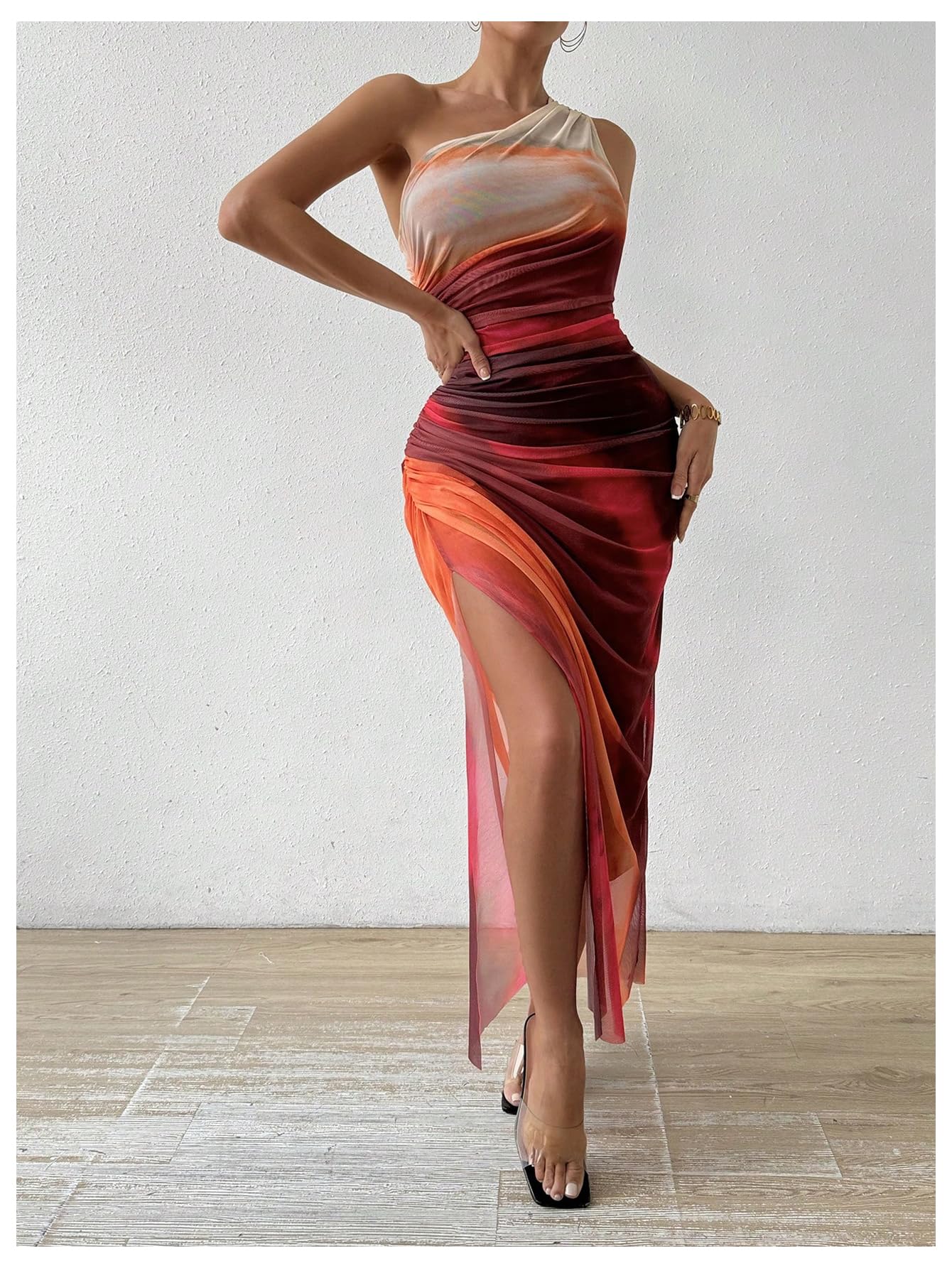 Foto 4 pulgar | Vestido Largo Wdirara Para Mujer Con Un Solo Hombro Fruncido, Anudado - Venta Internacional.