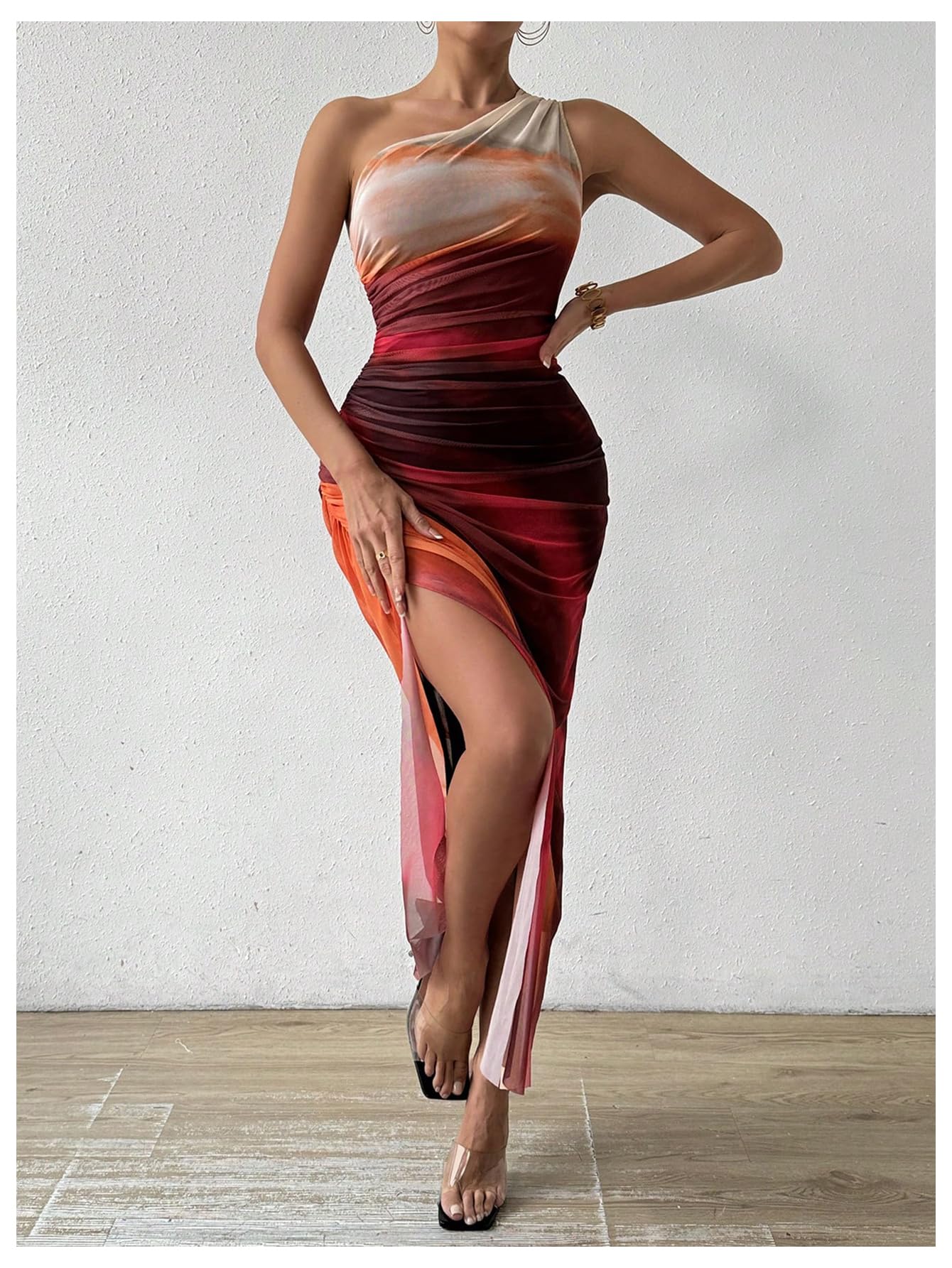 Foto 5 pulgar | Vestido Largo Wdirara Para Mujer Con Un Solo Hombro Fruncido, Anudado - Venta Internacional.