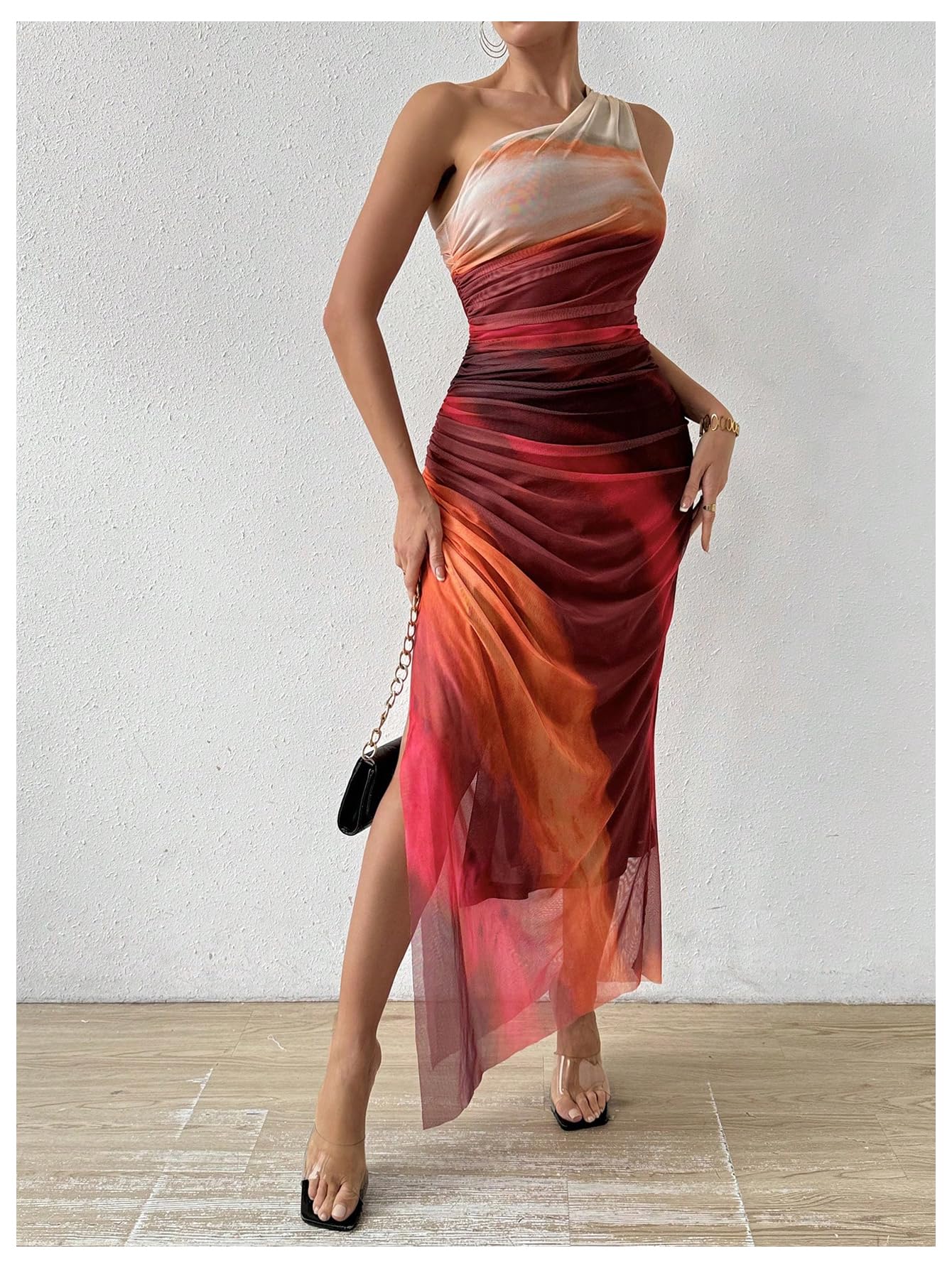 Foto 6 pulgar | Vestido Largo Wdirara Para Mujer Con Un Solo Hombro Fruncido, Anudado - Venta Internacional.