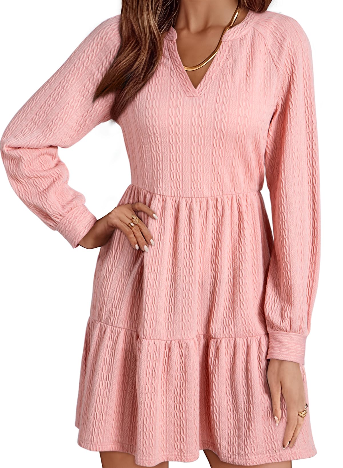 Vestido Casual Dokotoo 2024 Con Cuello En V Y Manga Larga Para Mujer Rosa - Venta Internacional.