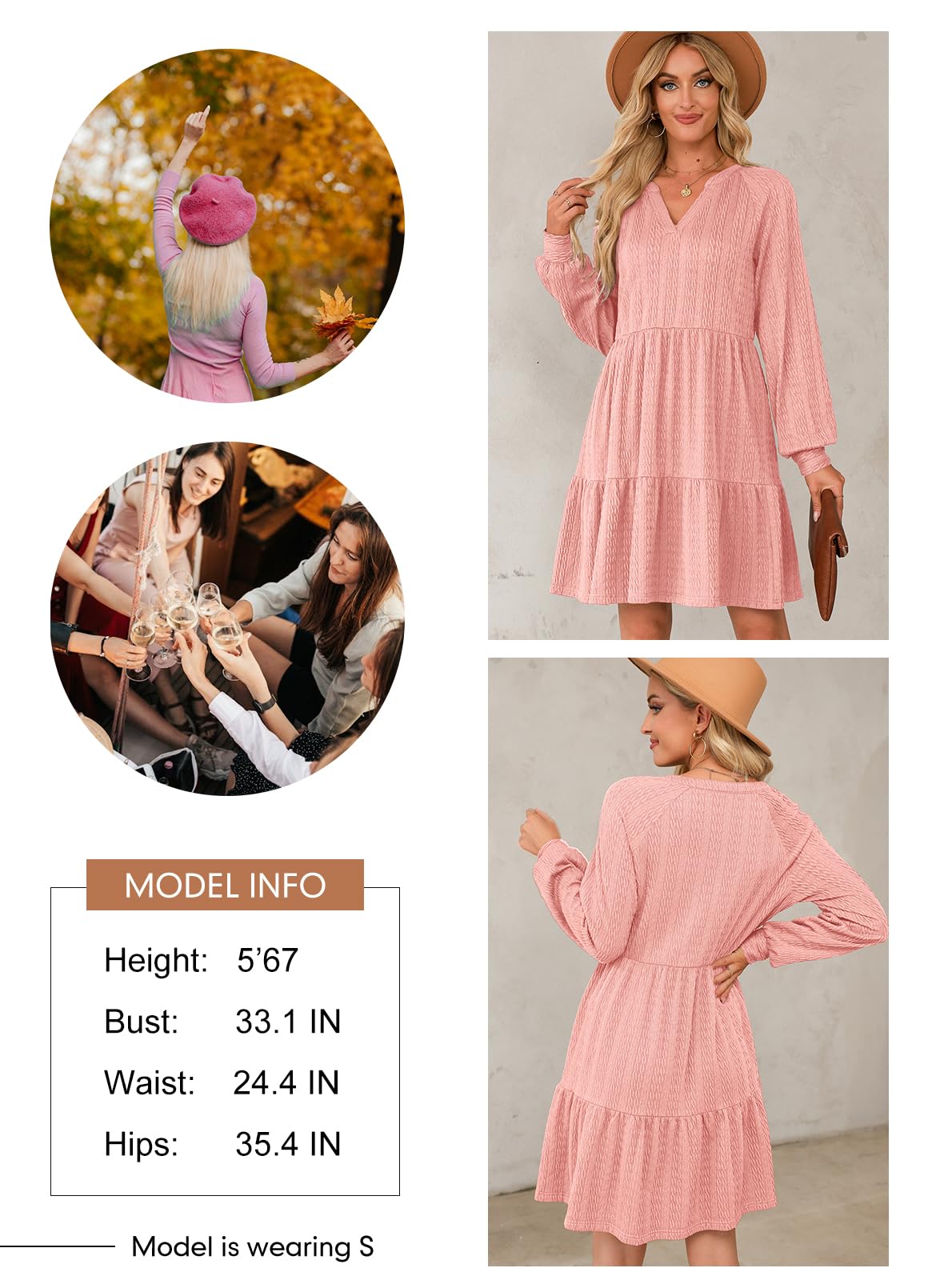 Foto 5 | Vestido Casual Dokotoo 2024 Con Cuello En V Y Manga Larga Para Mujer Rosa - Venta Internacional.