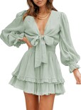 Vestido Alvaq Para Mujer, Primavera Y Otoño, Volantes, Cuello En V, Nudo, Verde - Venta Internacional.