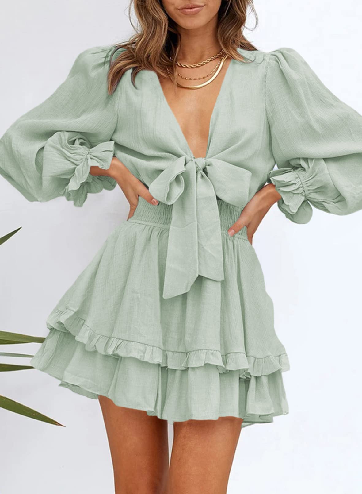 Foto 3 pulgar | Vestido Alvaq Para Mujer, Primavera Y Otoño, Volantes, Cuello En V, Nudo, Verde - Venta Internacional.