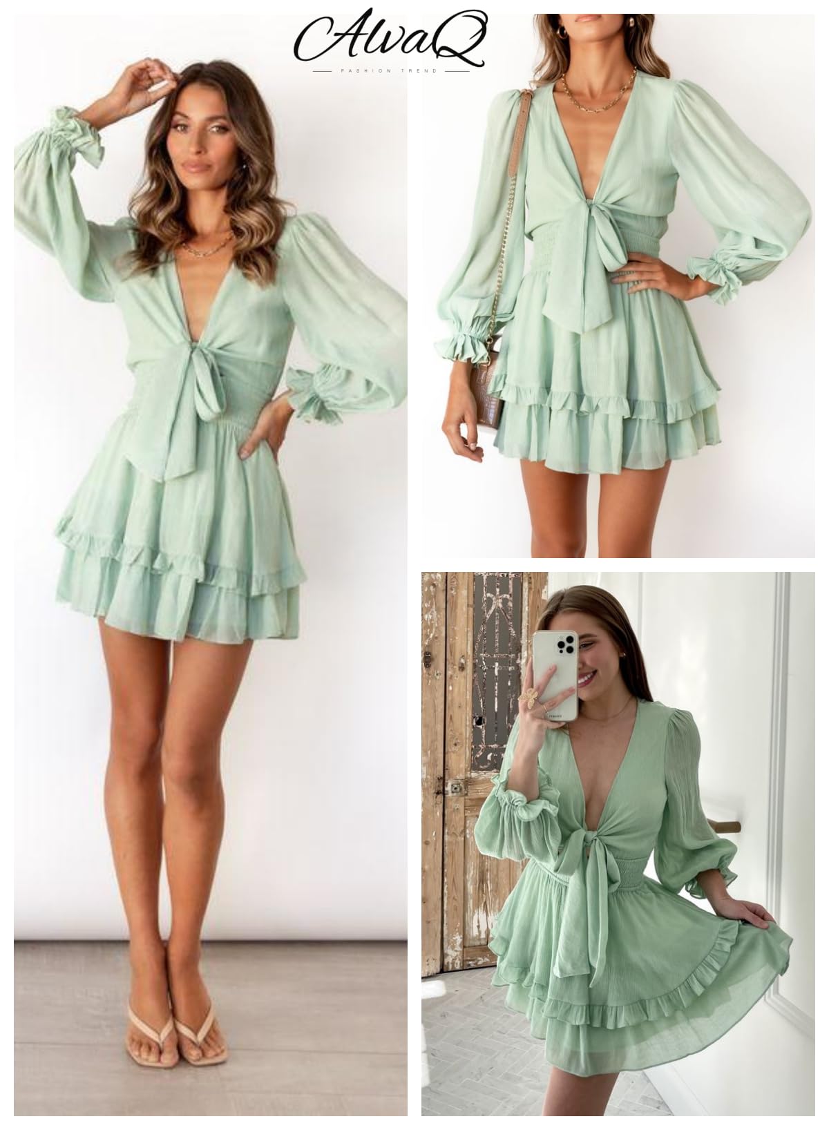 Foto 6 pulgar | Vestido Alvaq Para Mujer, Primavera Y Otoño, Volantes, Cuello En V, Nudo, Verde - Venta Internacional.
