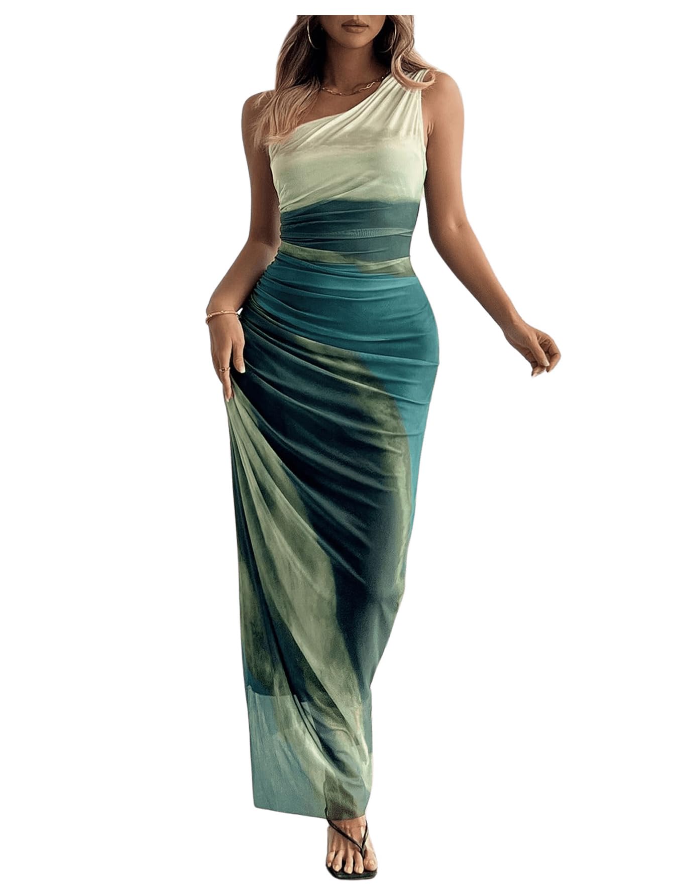 Vestido Largo Wdirara Para Mujer Con Un Solo Hombro Fruncido, Anudado - Venta Internacional.