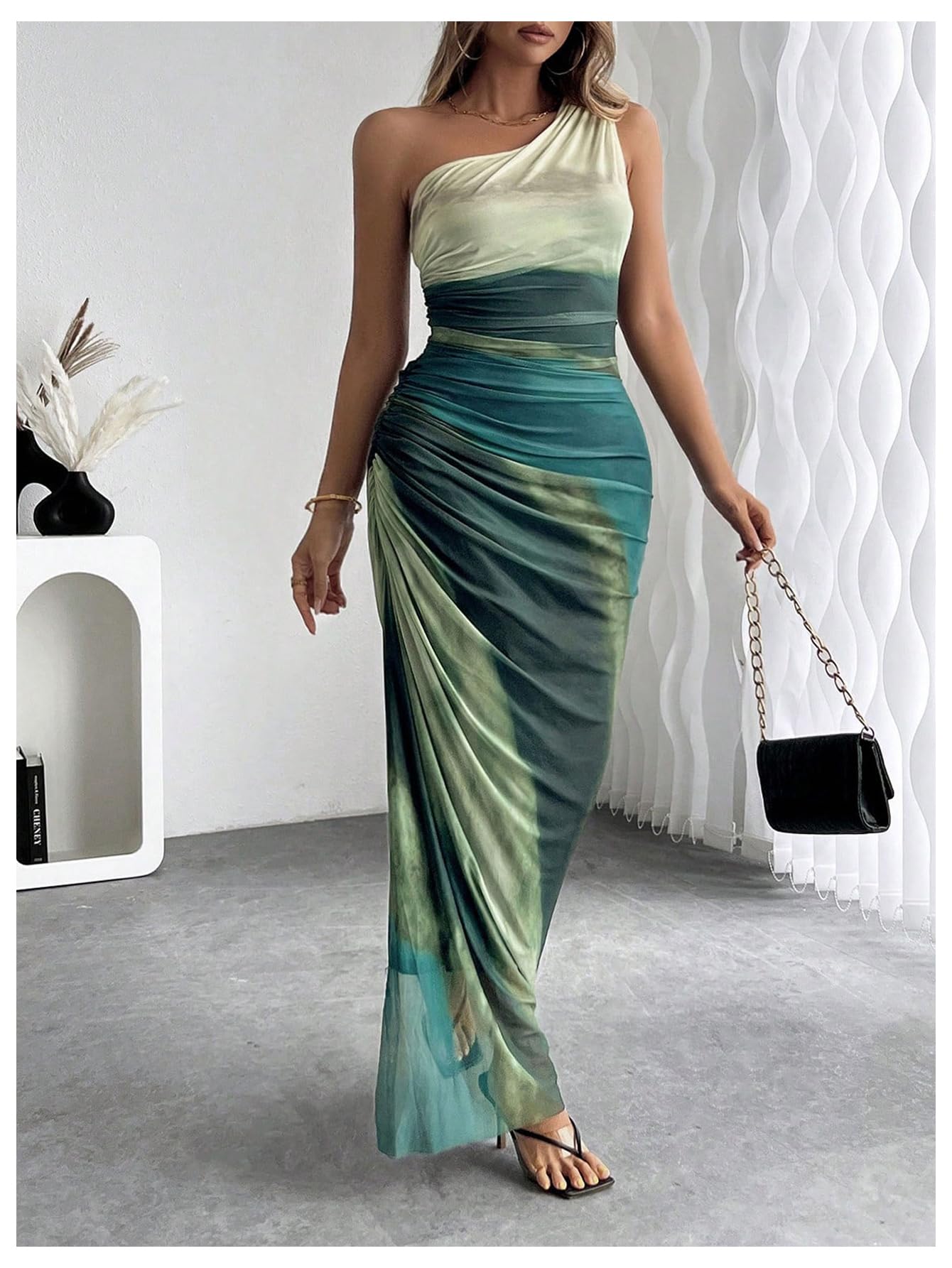 Foto 4 pulgar | Vestido Largo Wdirara Para Mujer Con Un Solo Hombro Fruncido, Anudado - Venta Internacional.