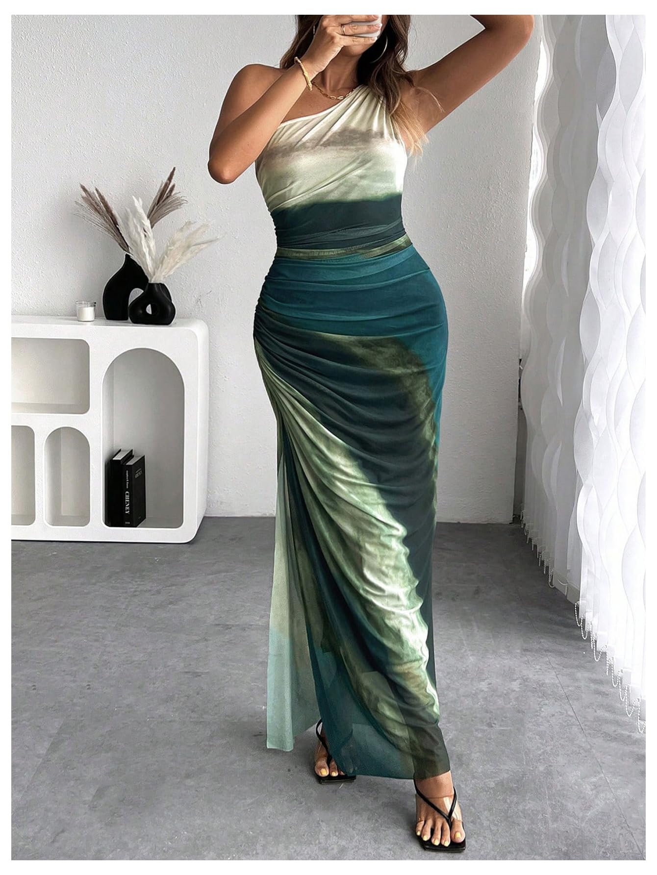 Foto 5 pulgar | Vestido Largo Wdirara Para Mujer Con Un Solo Hombro Fruncido, Anudado - Venta Internacional.