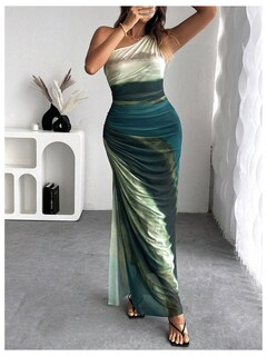 Foto 4 | Vestido Largo Wdirara Para Mujer Con Un Solo Hombro Fruncido, Anudado - Venta Internacional.