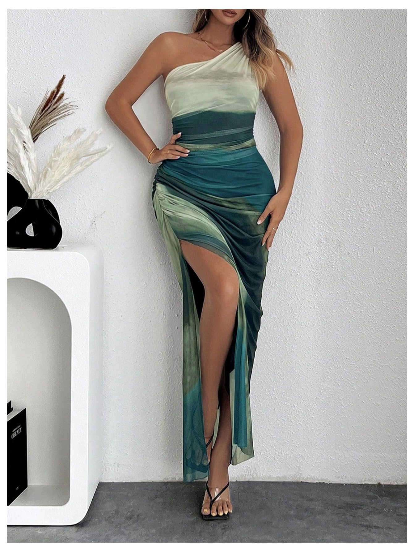 Foto 7 pulgar | Vestido Largo Wdirara Para Mujer Con Un Solo Hombro Fruncido, Anudado - Venta Internacional.