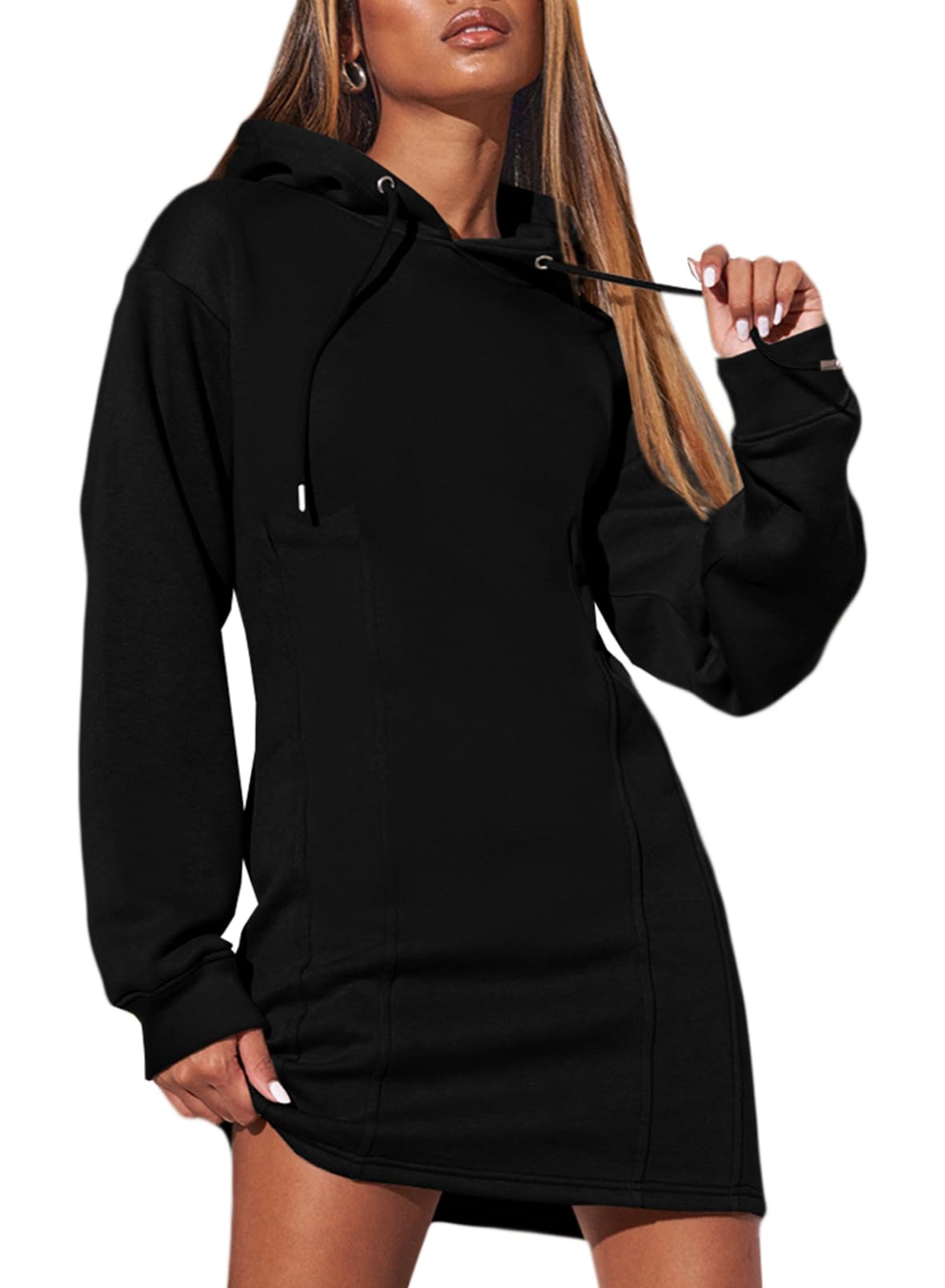 Foto 2 pulgar | Vestido Alvaq De Manga Larga Con Capucha Y Cordón Para Mujer Negro - Venta Internacional.