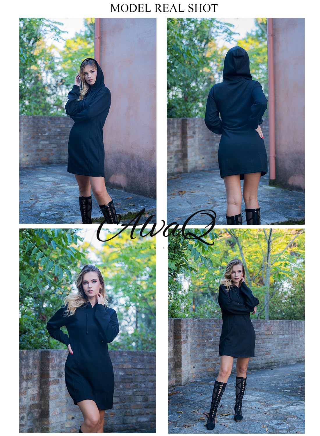 Foto 5 pulgar | Vestido Alvaq De Manga Larga Con Capucha Y Cordón Para Mujer Negro - Venta Internacional.