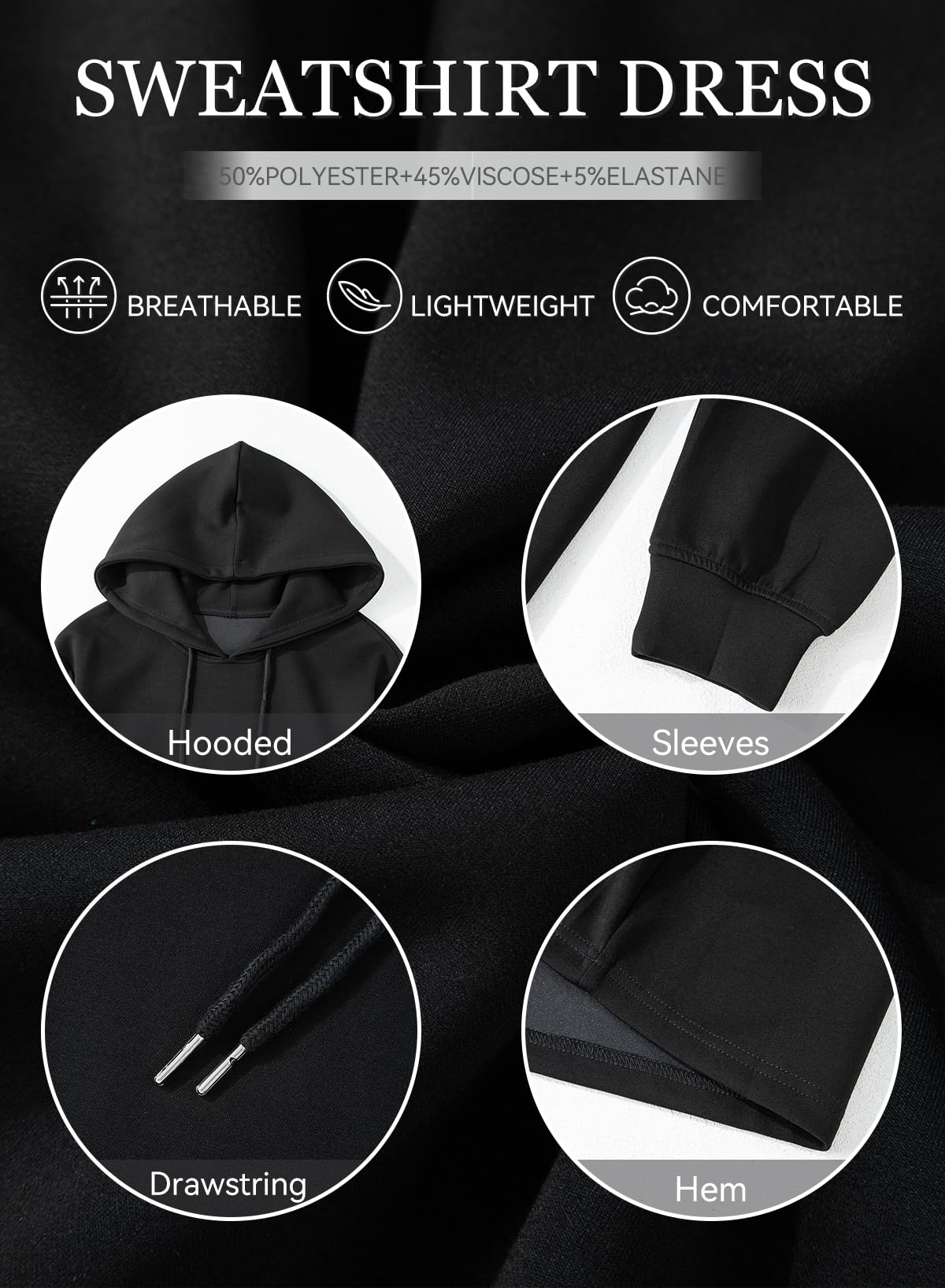 Foto 6 pulgar | Vestido Alvaq De Manga Larga Con Capucha Y Cordón Para Mujer Negro - Venta Internacional.