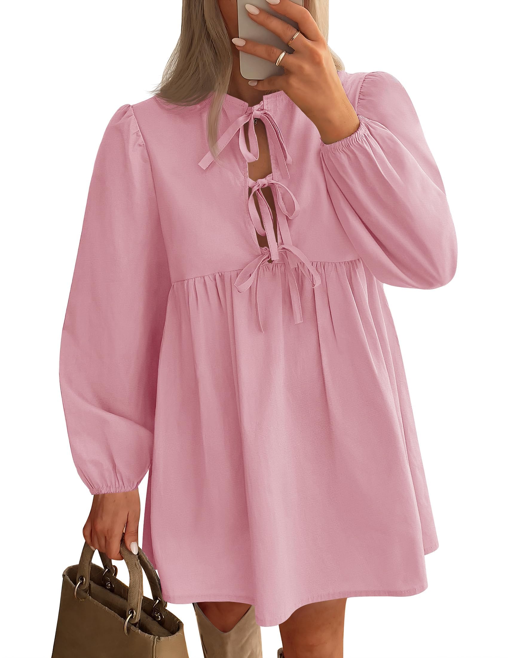 Foto 2 pulgar | Vestido Zesica Para Mujer, Manga Larga, Manga Larga, Con Corbata, Minitúnica, Rosa - Venta Internacional.