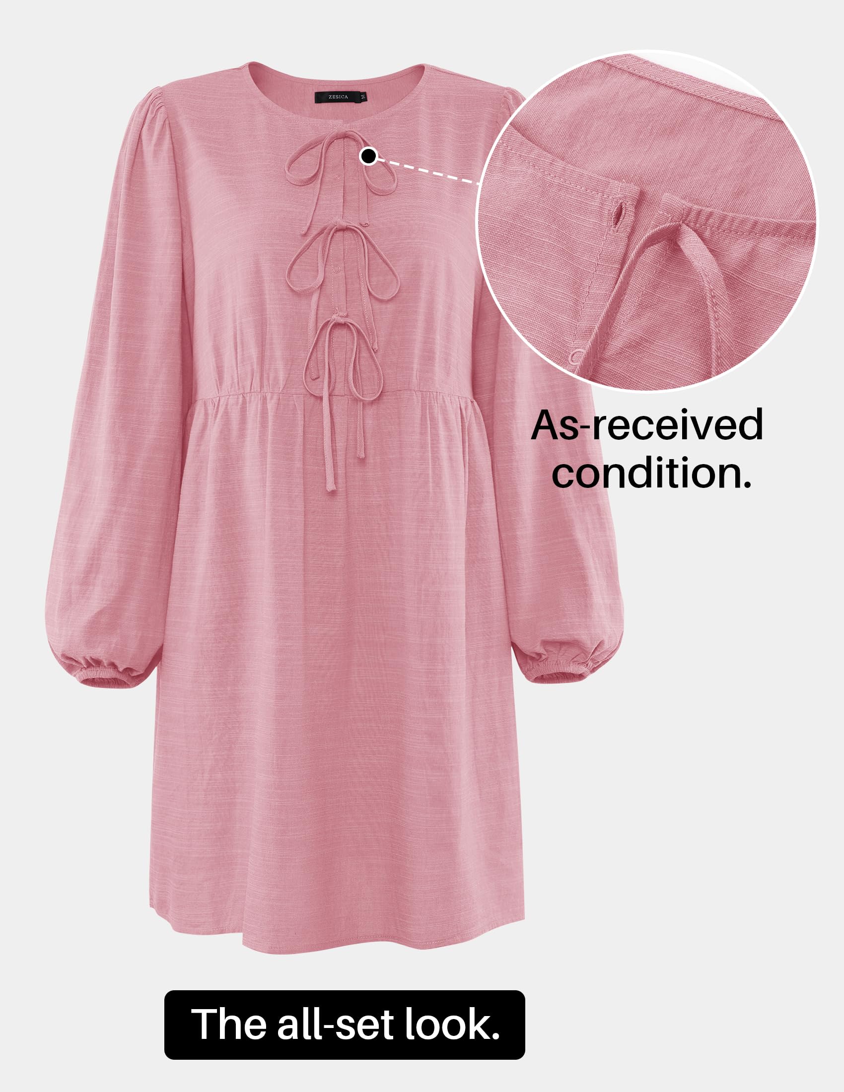 Foto 3 pulgar | Vestido Zesica Para Mujer, Manga Larga, Manga Larga, Con Corbata, Minitúnica, Rosa - Venta Internacional.