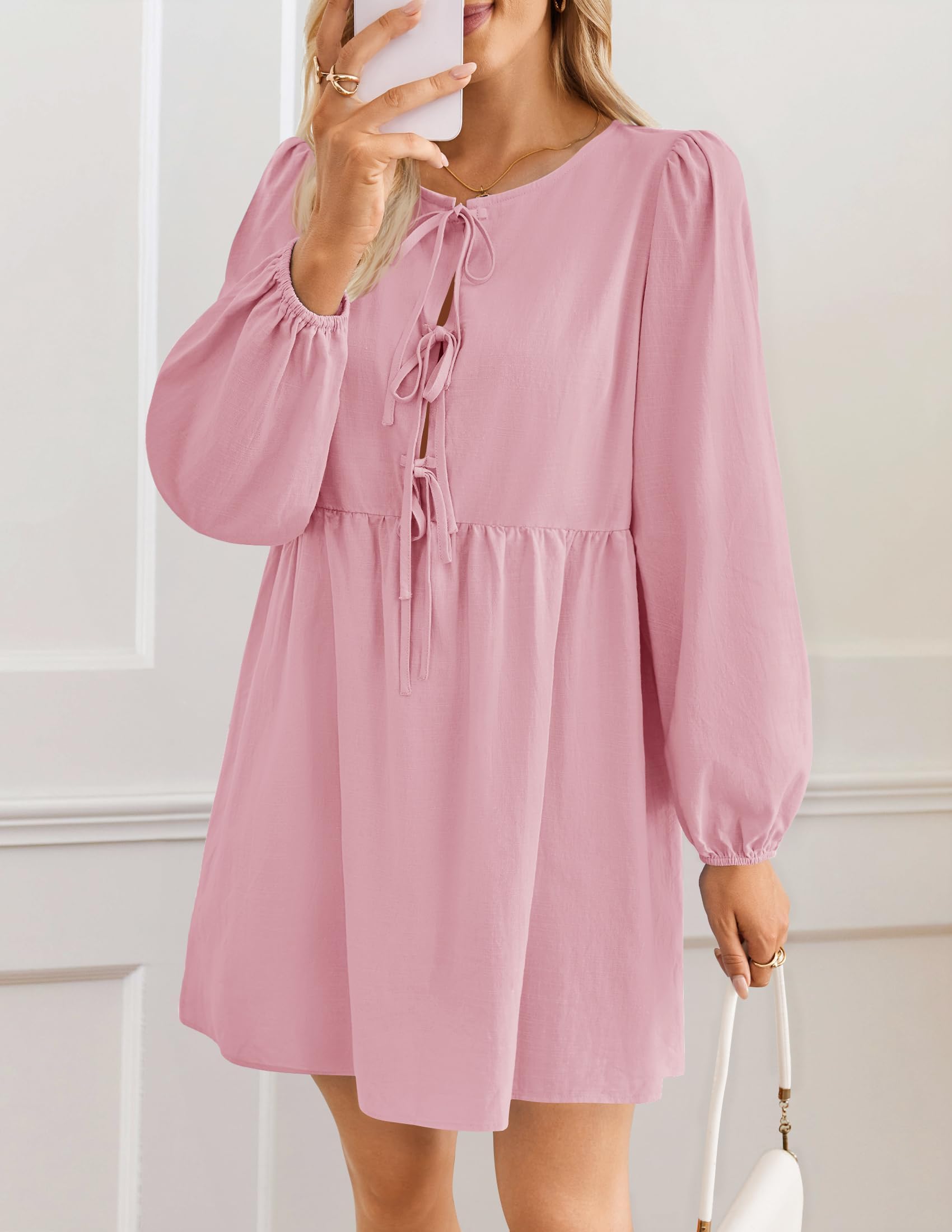 Foto 8 pulgar | Vestido Zesica Para Mujer, Manga Larga, Manga Larga, Con Corbata, Minitúnica, Rosa - Venta Internacional.