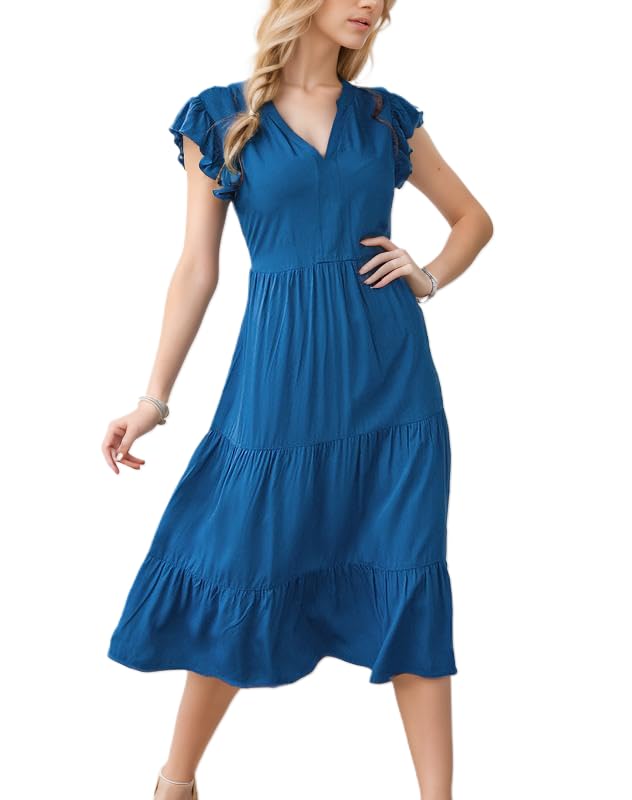 Foto 1 | Vestido De Verano 2024 Con Cuello En V Vintage Y Manga Acampanada, Midi, Azul Marino - Venta Internacional.